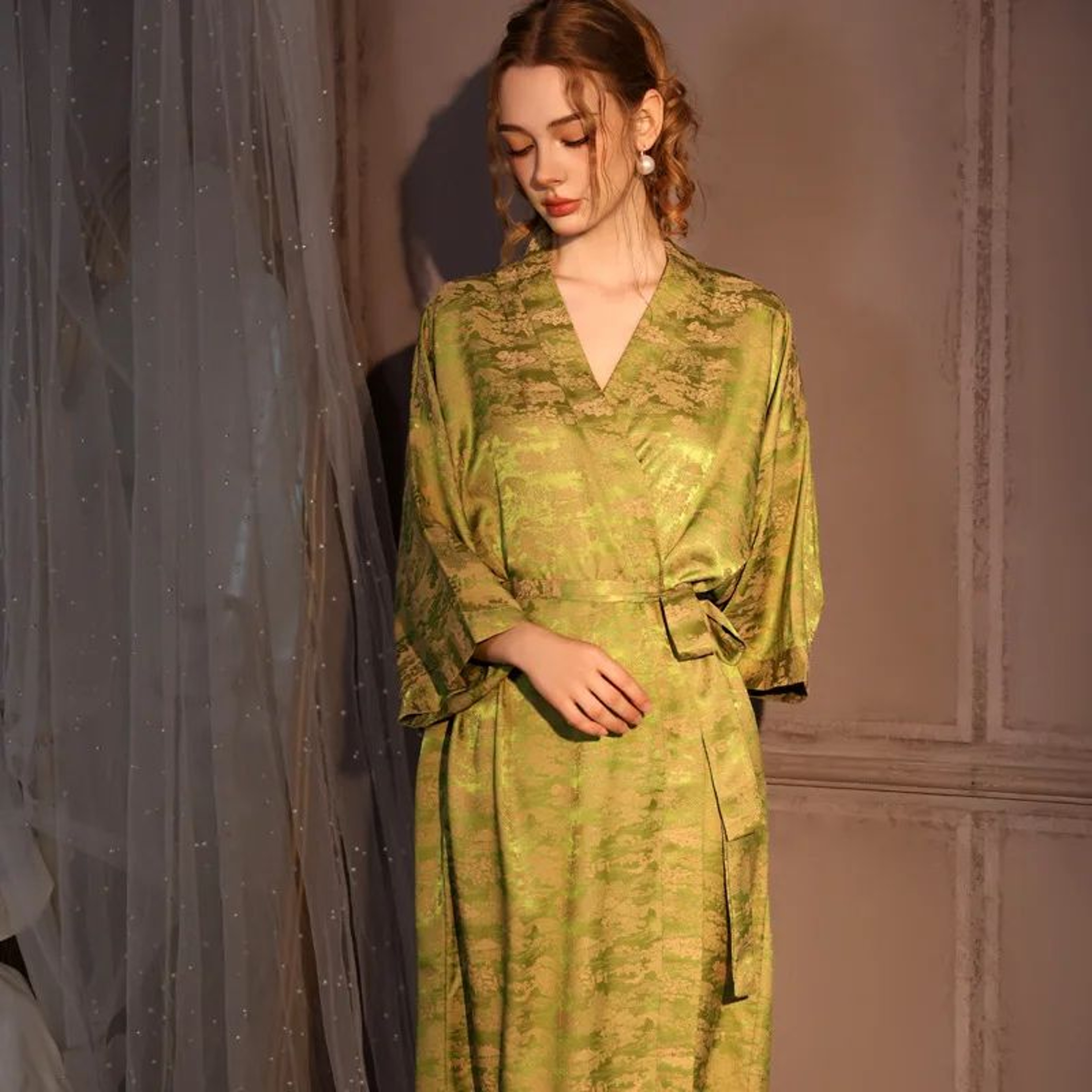 Silk Jacquard Kimono Robe  Luxury Satin Ice Silk Long Womens Bathrobe 0