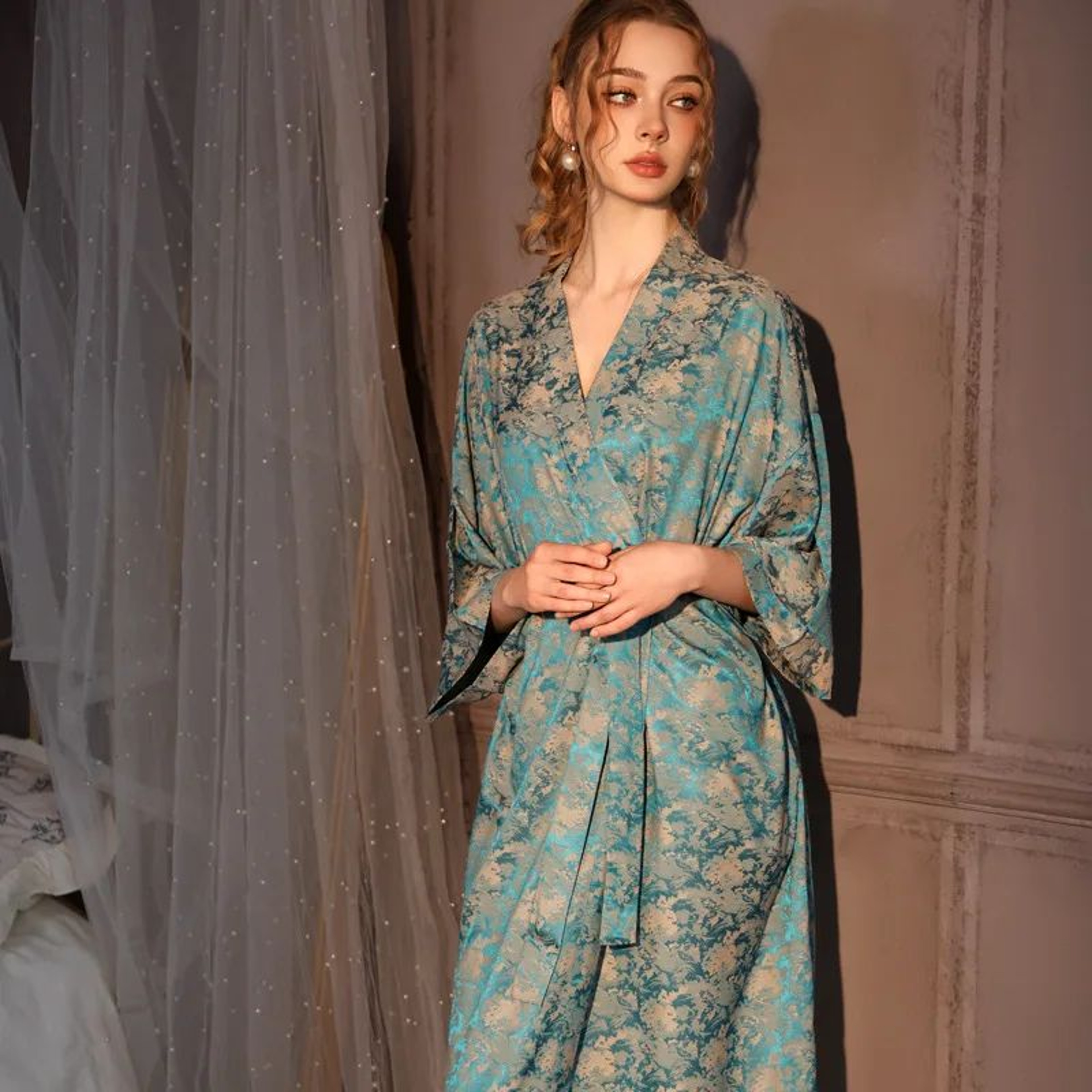 Silk Jacquard Kimono Robe  Luxury Satin Ice Silk Long Womens Bathrobe 1