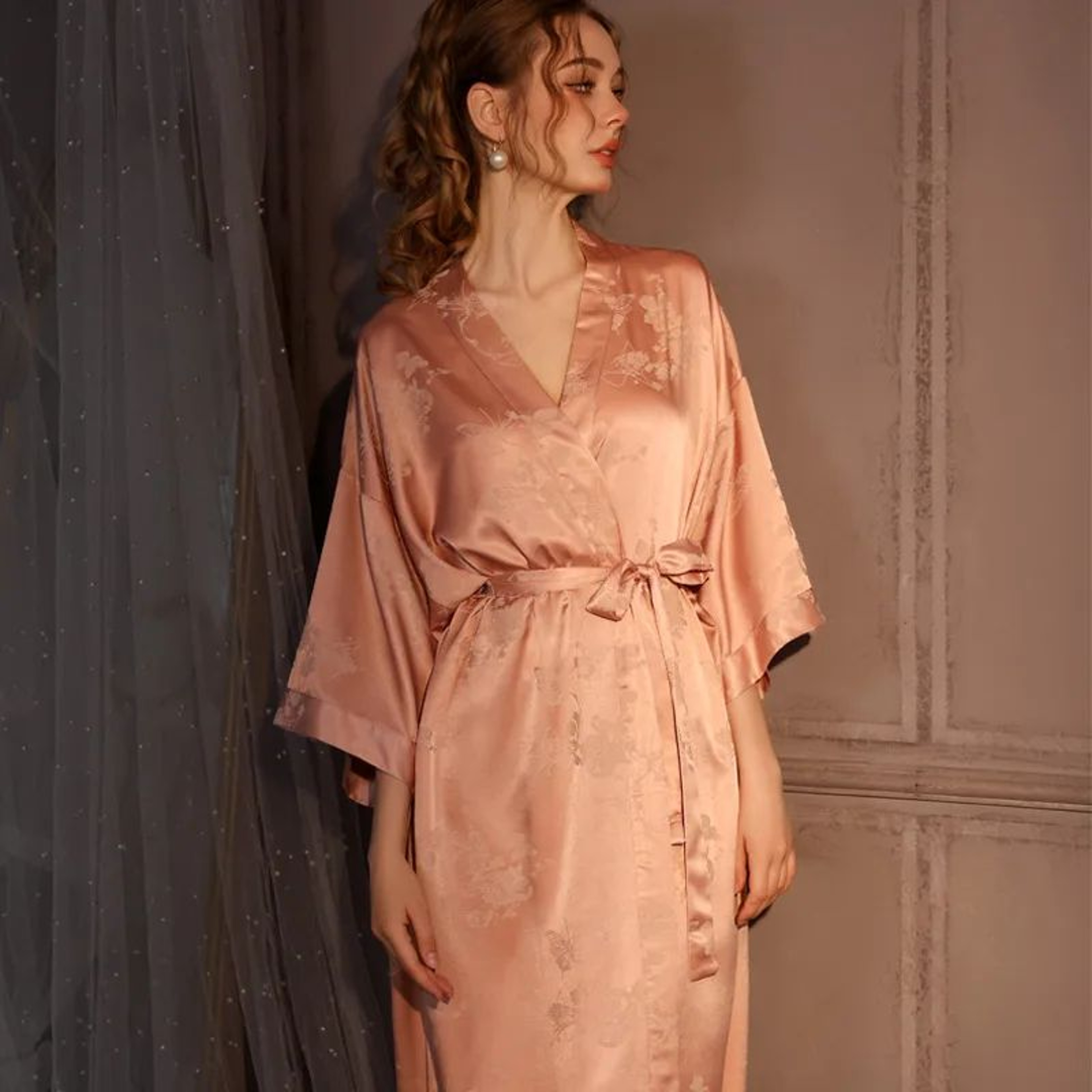 Silk Jacquard Kimono Robe  Luxury Satin Ice Silk Long Womens Bathrobe 2
