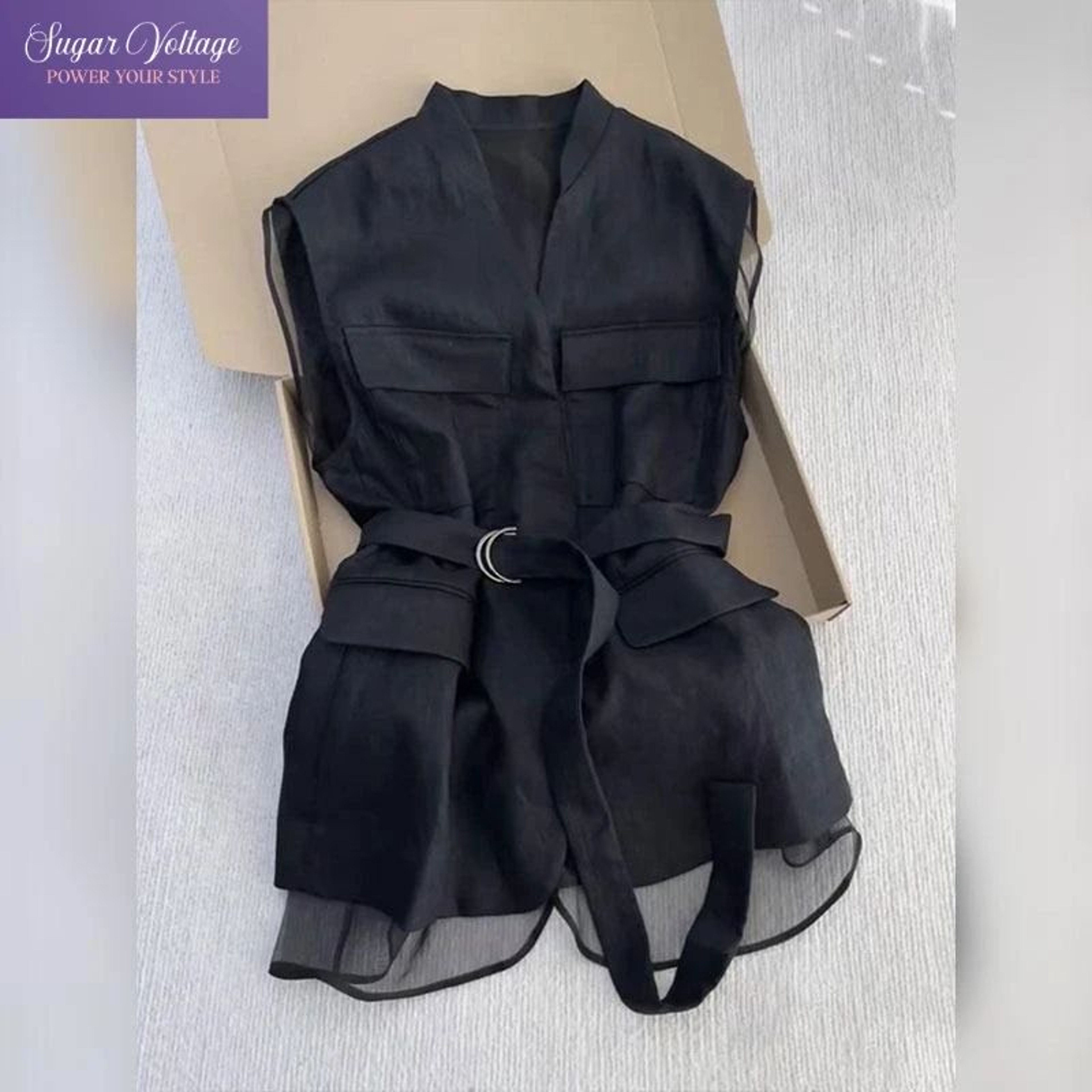 Korean Summer Black Sleeveless Vest  Slim Waist V Neck Waistcoat With Mesh Patchwork 0