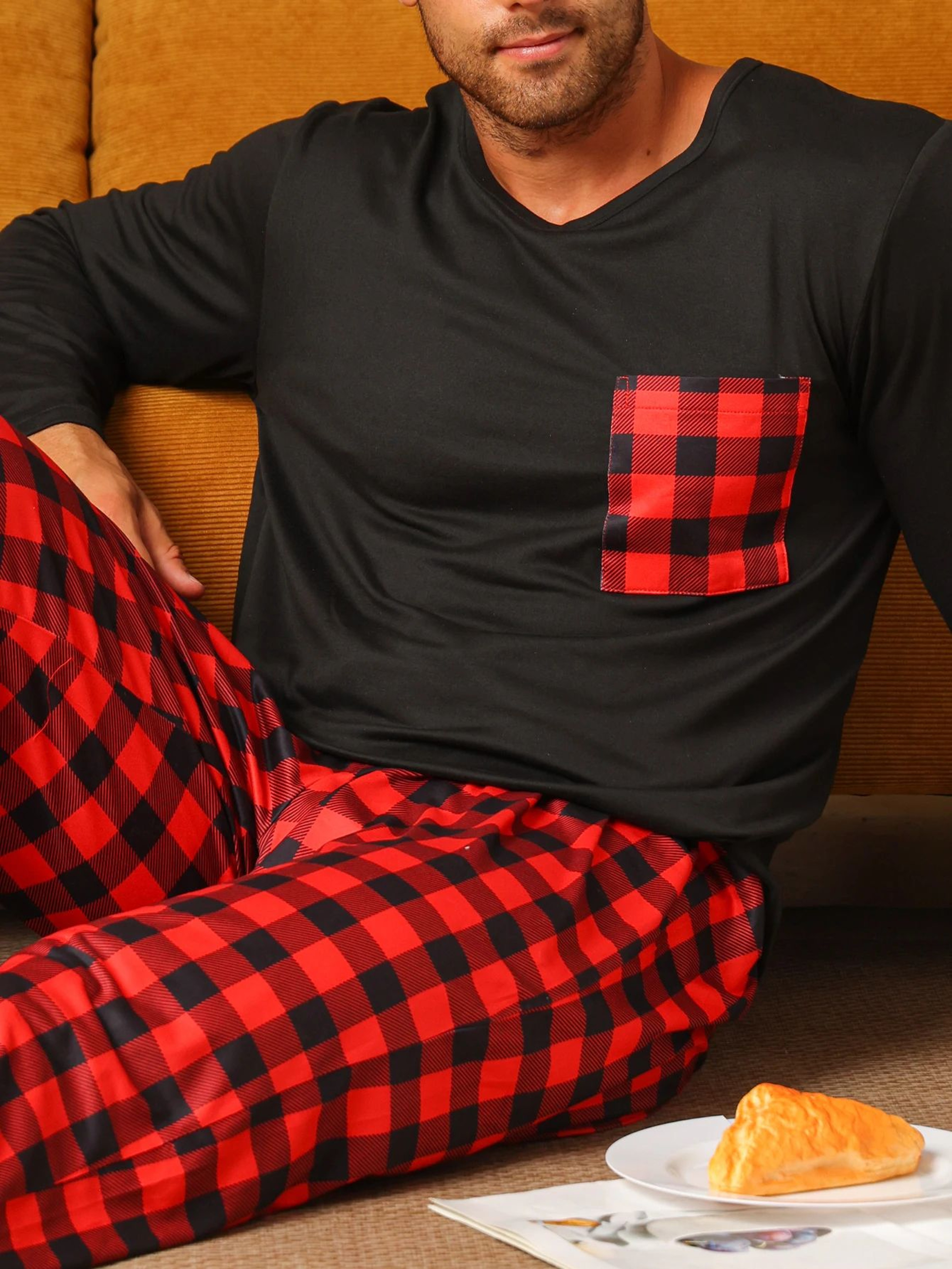 Mens Cotton Plaid Pajama Set  Warm Long Sleeve Winter Sleepwear 4