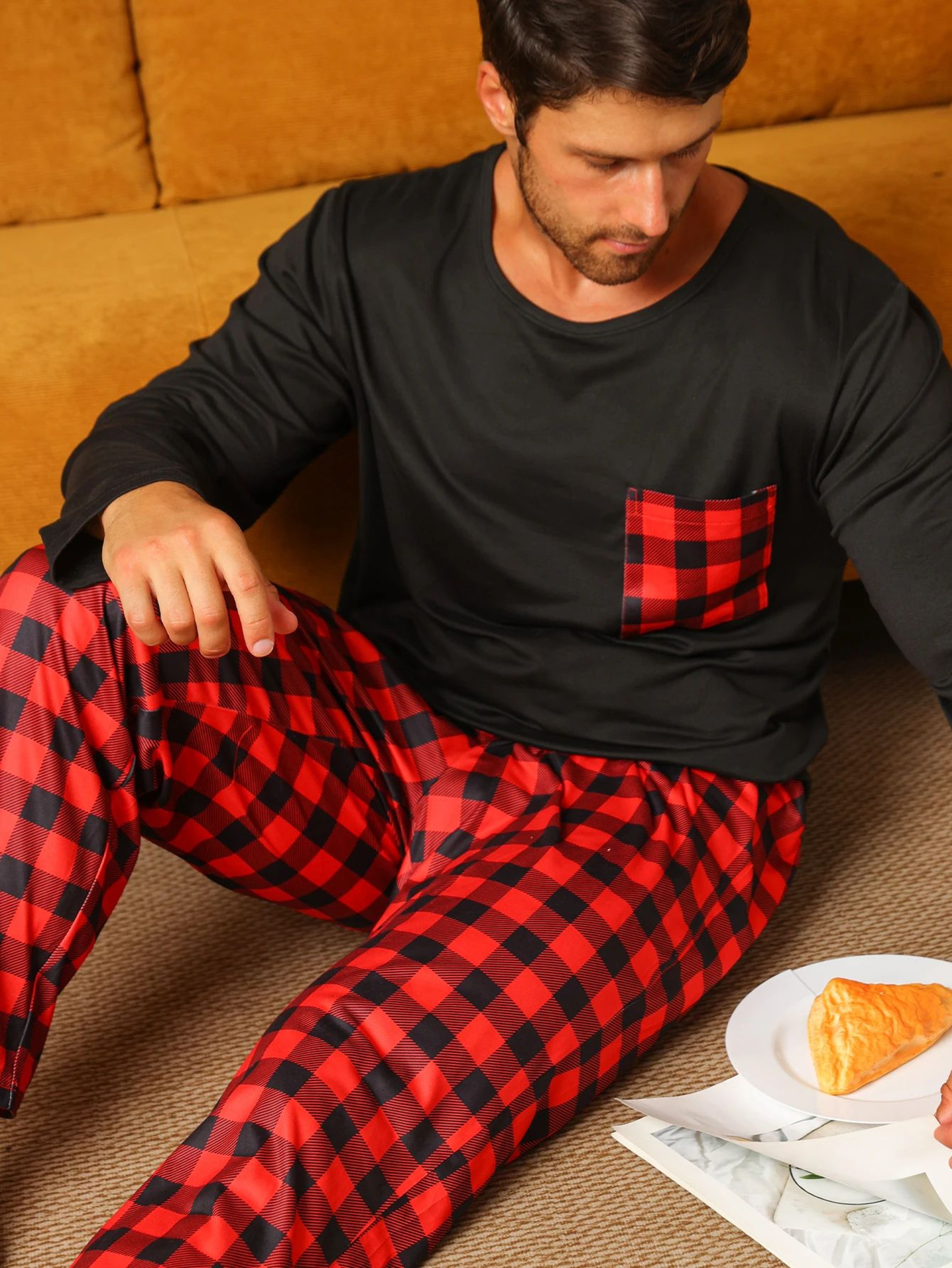 Mens Cotton Plaid Pajama Set  Warm Long Sleeve Winter Sleepwear 8
