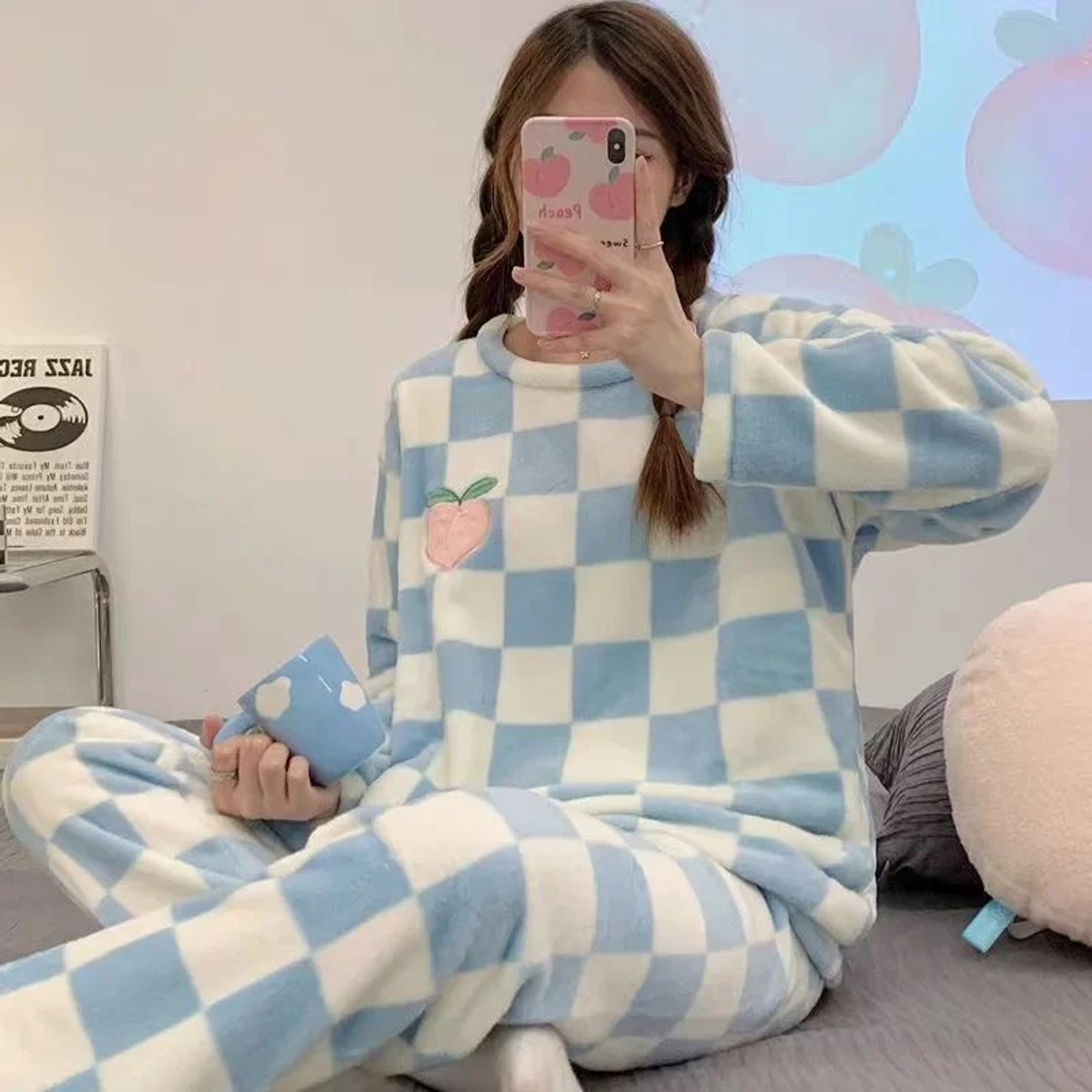 CozyCloud Plus Size Coral Fleece Pajama Set For Women  Warm Winter Sleepwear With Plaid Pants 2