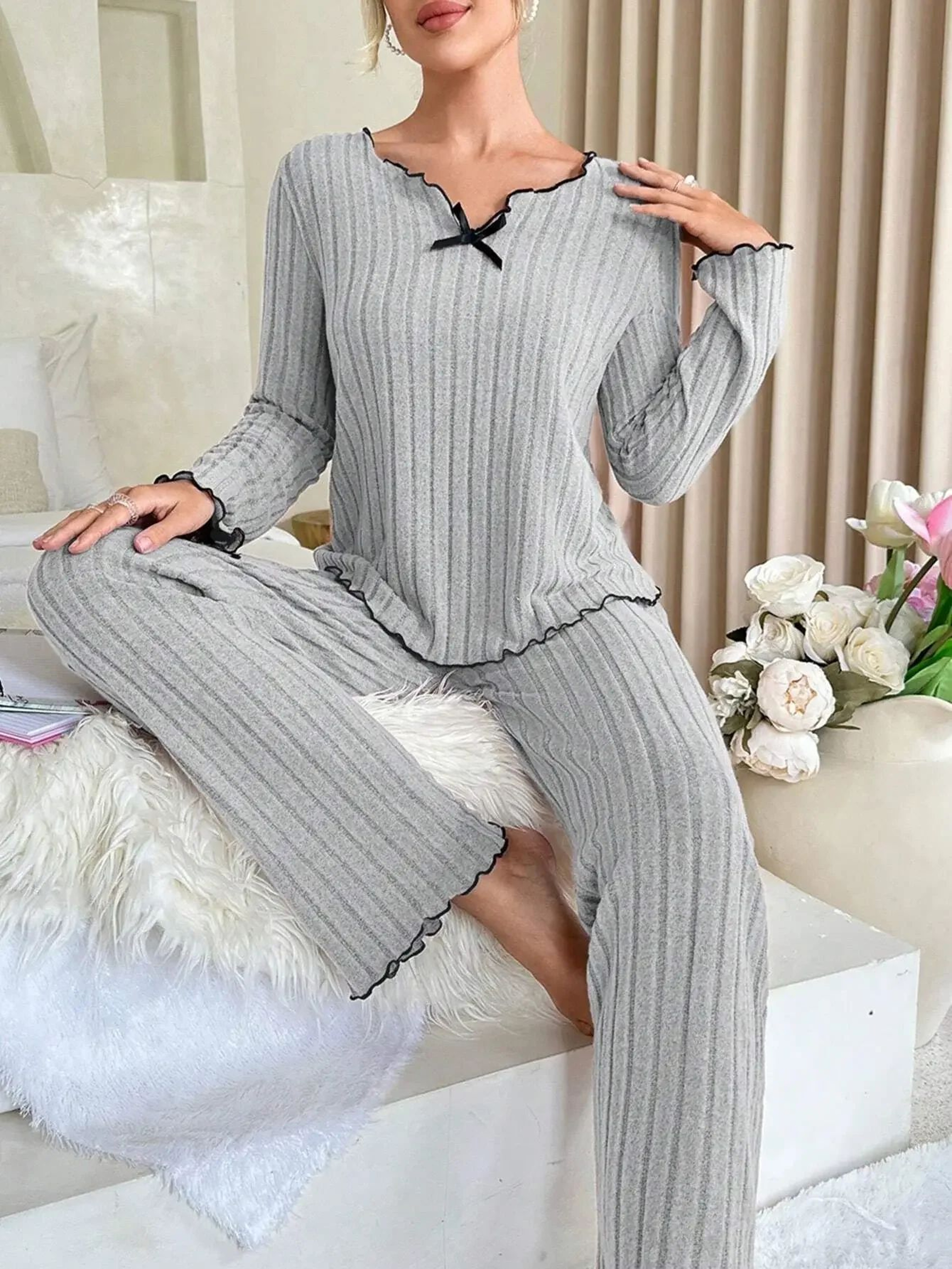 CozyChic Ribbed Knit Womens Pajama Set  Soft Long Sleeve Winter Sleepwear Loungewear 2