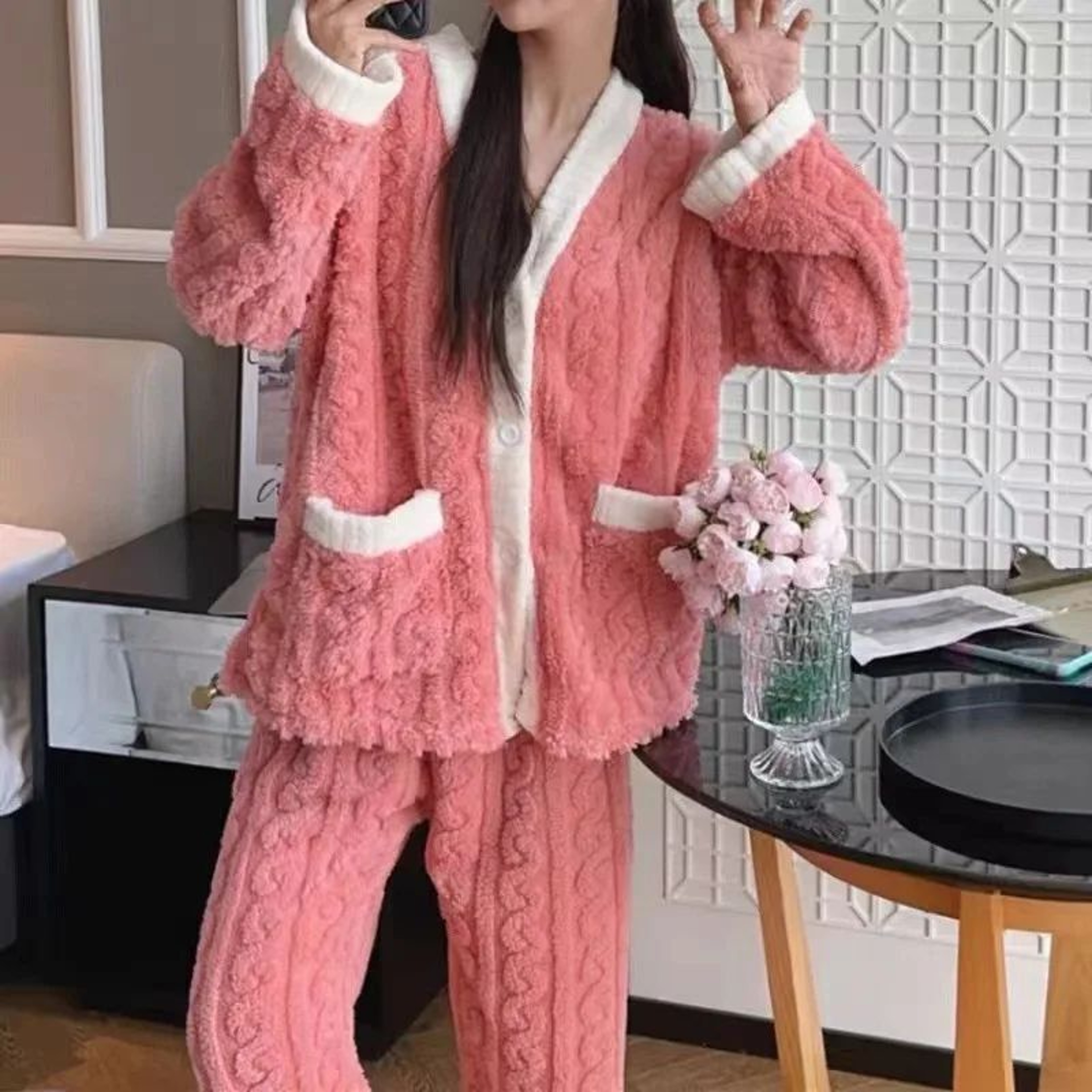 CozyCloud Womens Fleece Pajama Set  Thick Coral Velvet Winter Loungewear With Cardigan  Trousers 6