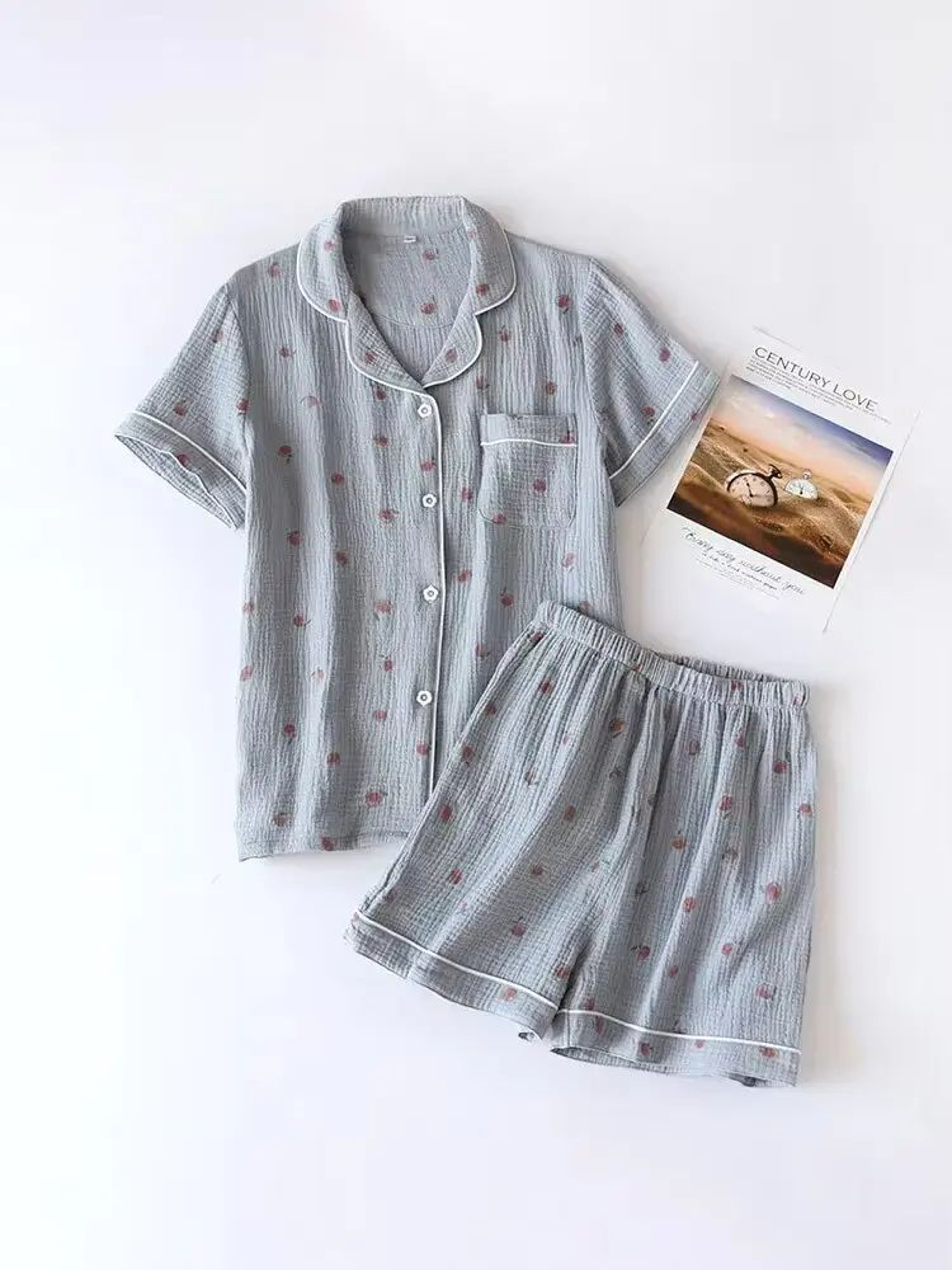 Breezy Cotton Crepe Pajama Shorts Set For Women  Short Sleeve TwoPiece Summer Loungewear 0