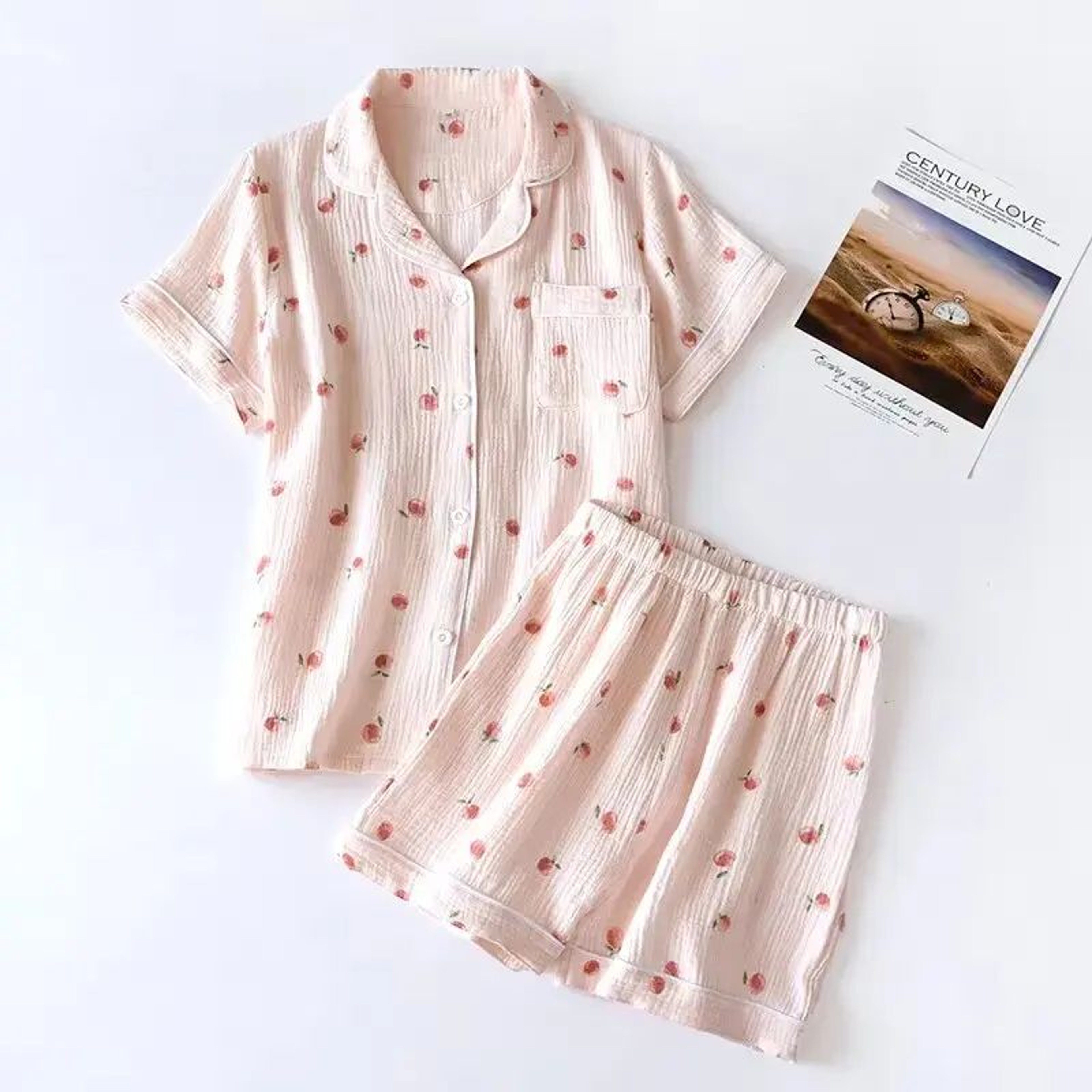 Breezy Cotton Crepe Pajama Shorts Set For Women  Short Sleeve TwoPiece Summer Loungewear 1