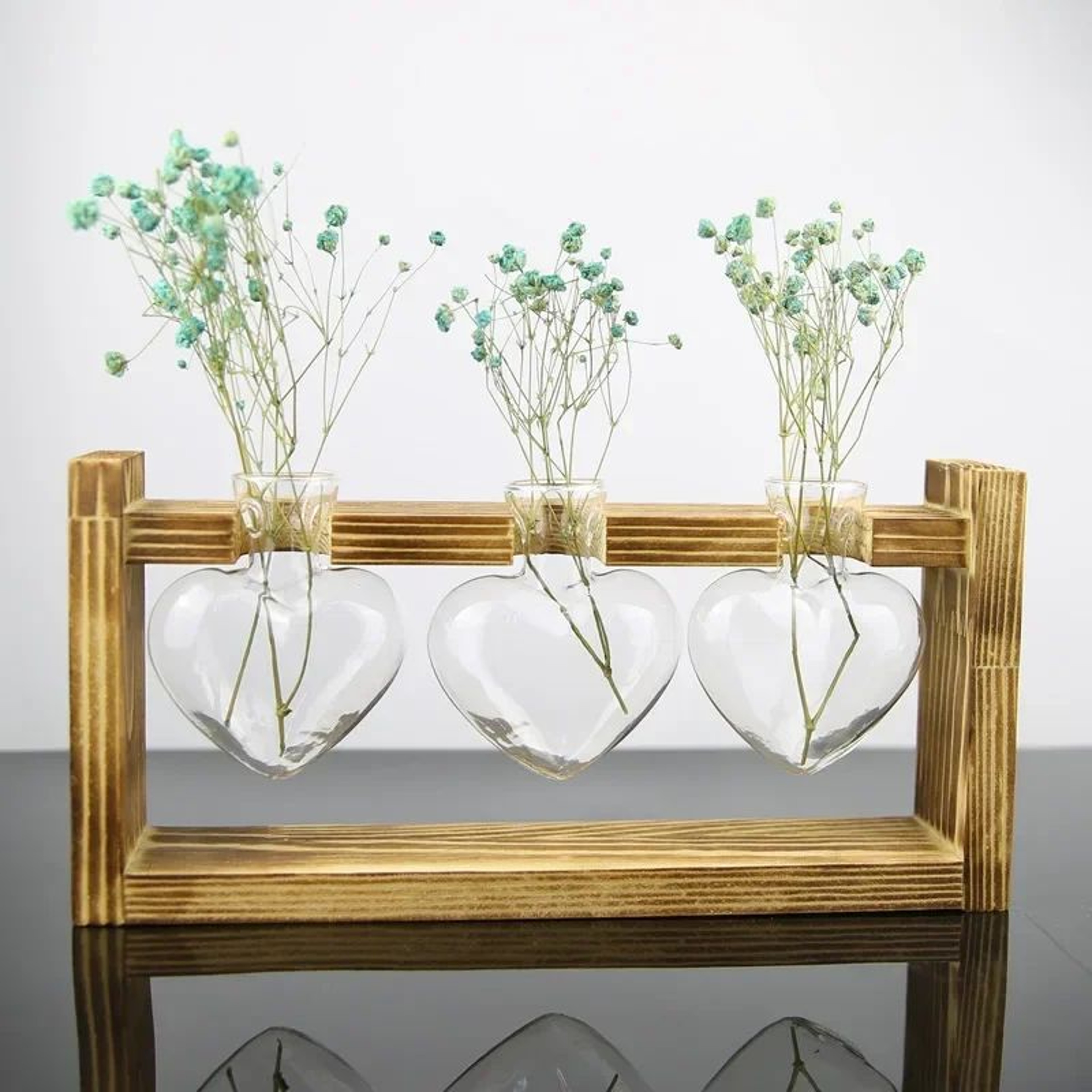 Heart Frame Hydroponic Plant Vase  Vintage Wooden Glass Tabletop Flower Vase For Modern Home Decor 4