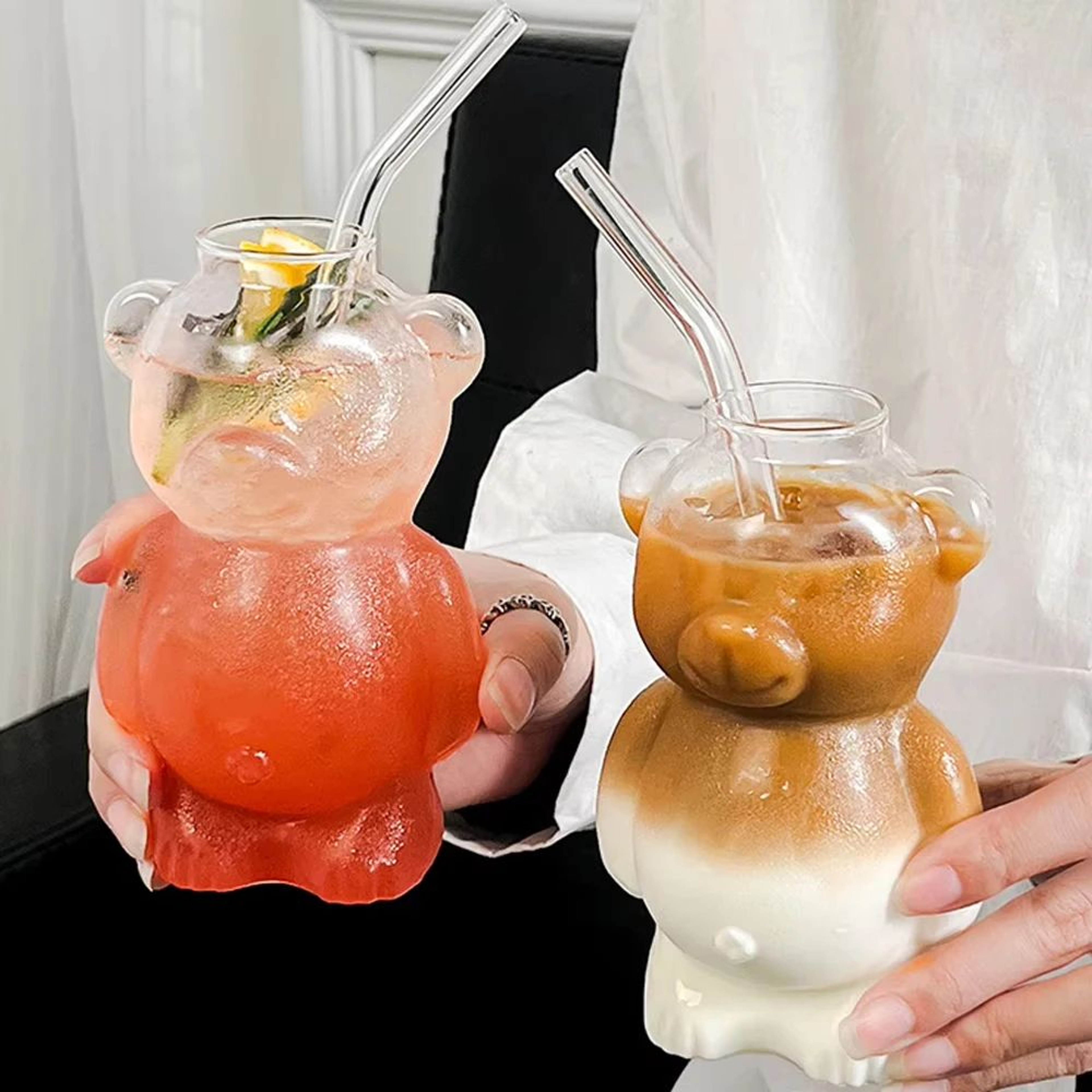 Cute Bear Glass Mug With Straw  320ML Transparent Cartoon Coffee Cup 3