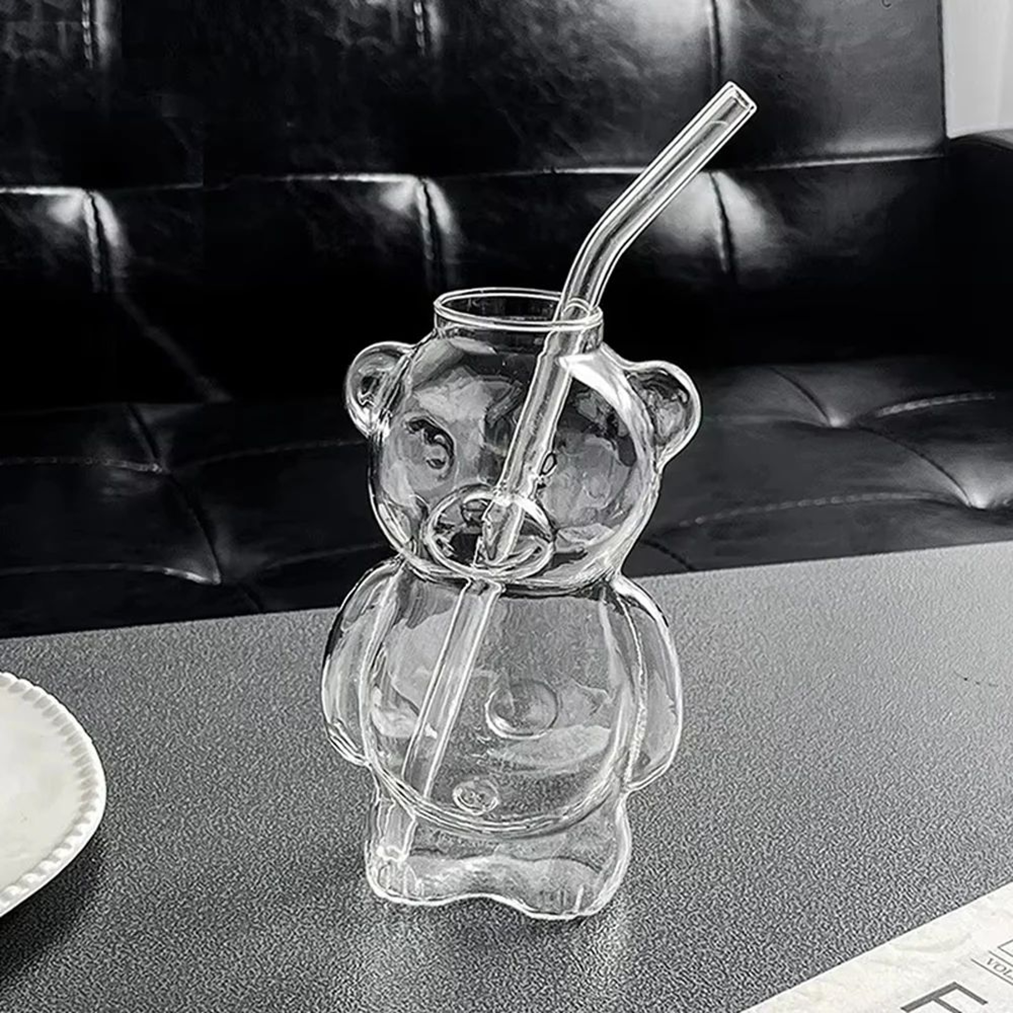 Cute Bear Glass Mug With Straw  320ML Transparent Cartoon Coffee Cup 7