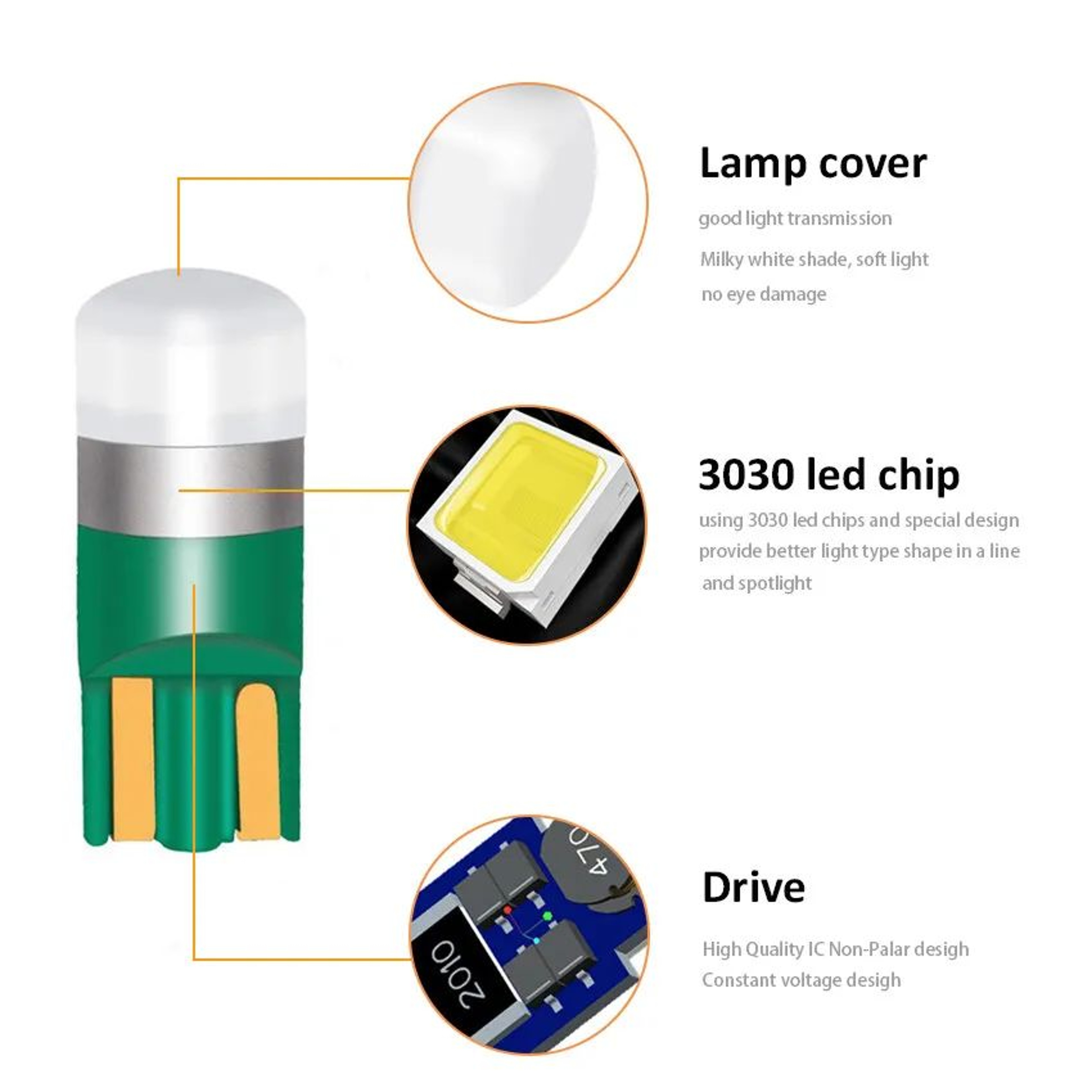 4Pack T10 W5W 3030 SMD 6000K White LED Interior Dome Bulbs 3