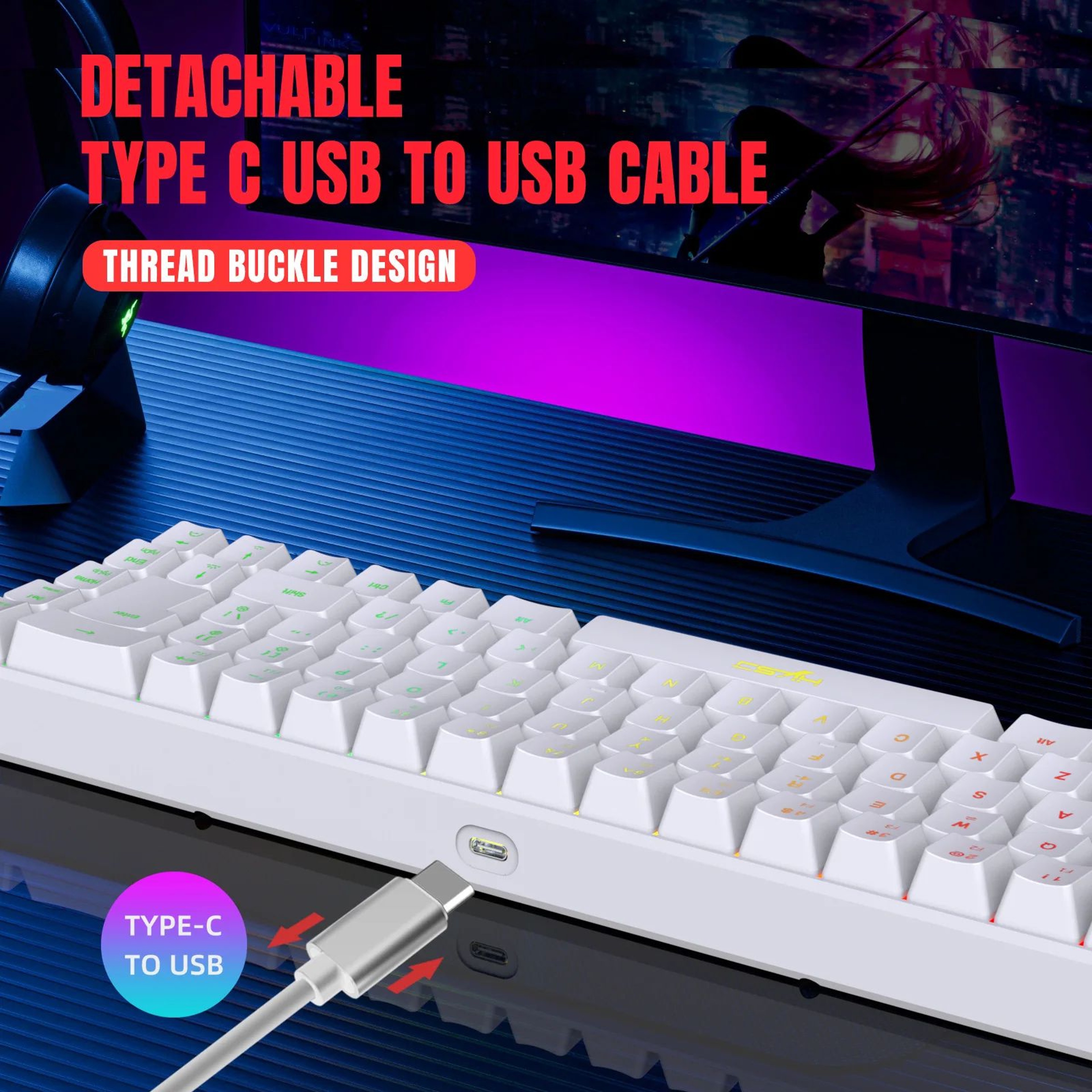60 Compact RGB Backlit Keyboard  68Key Portable Wired Mini Keyboard For Gaming  Office 3