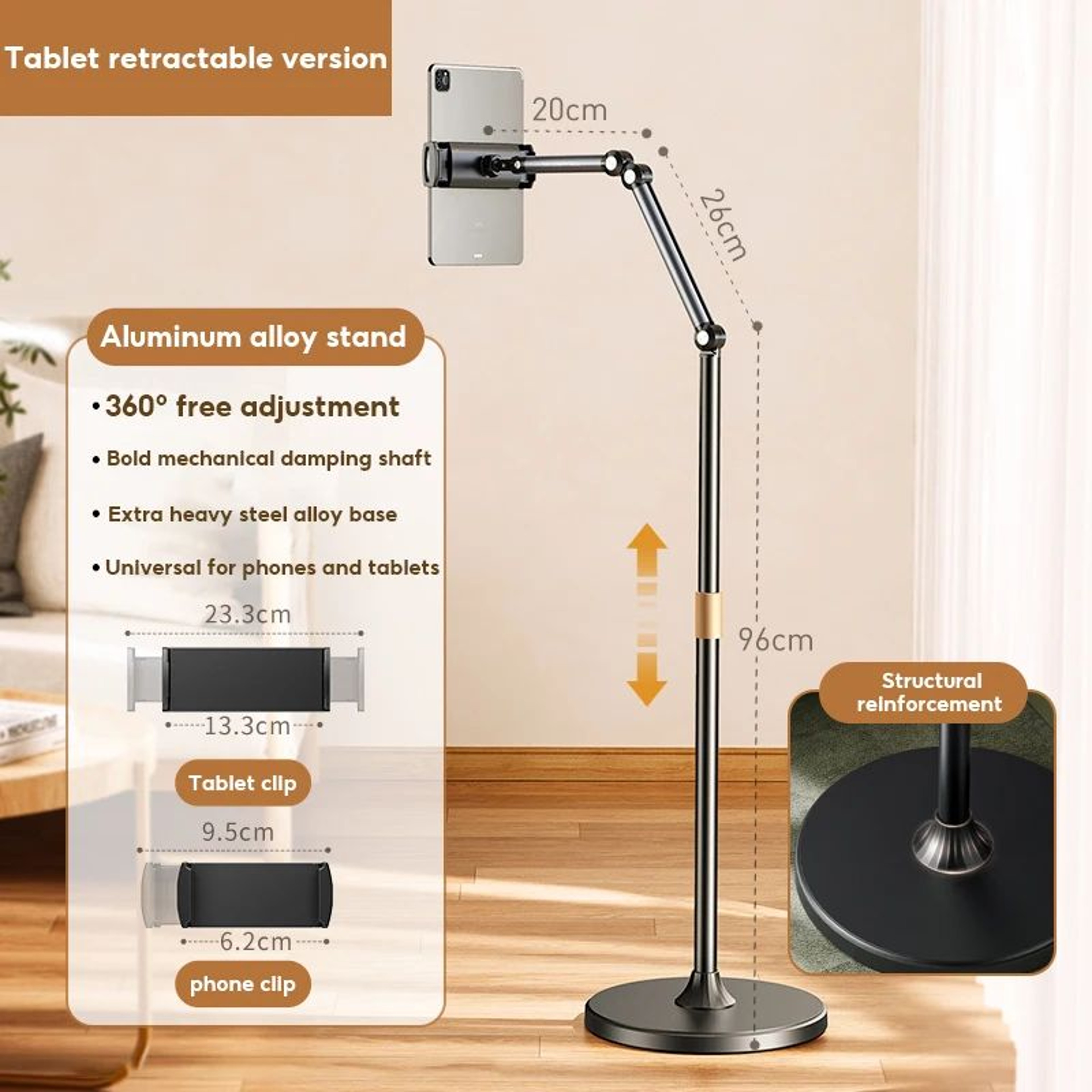 Adjustable Floor Tablet Stand With 360 Rotating Clip  Aluminum IPad Stand For HandsFree Viewing 7