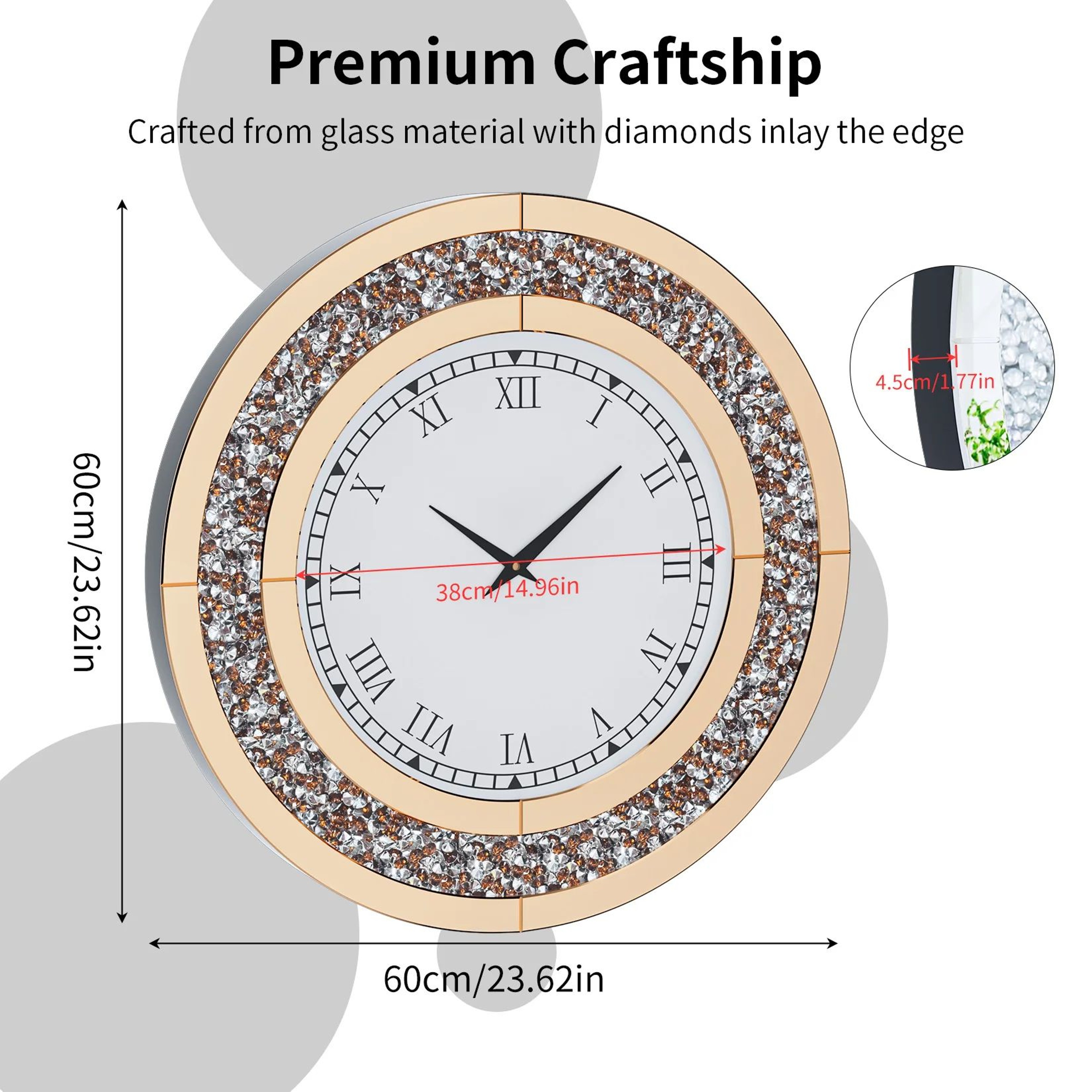 24Inch Mirrored Wall Clock With Crushed Diamond Sparkle Roman Numerals And Silver Tawny Finish 4