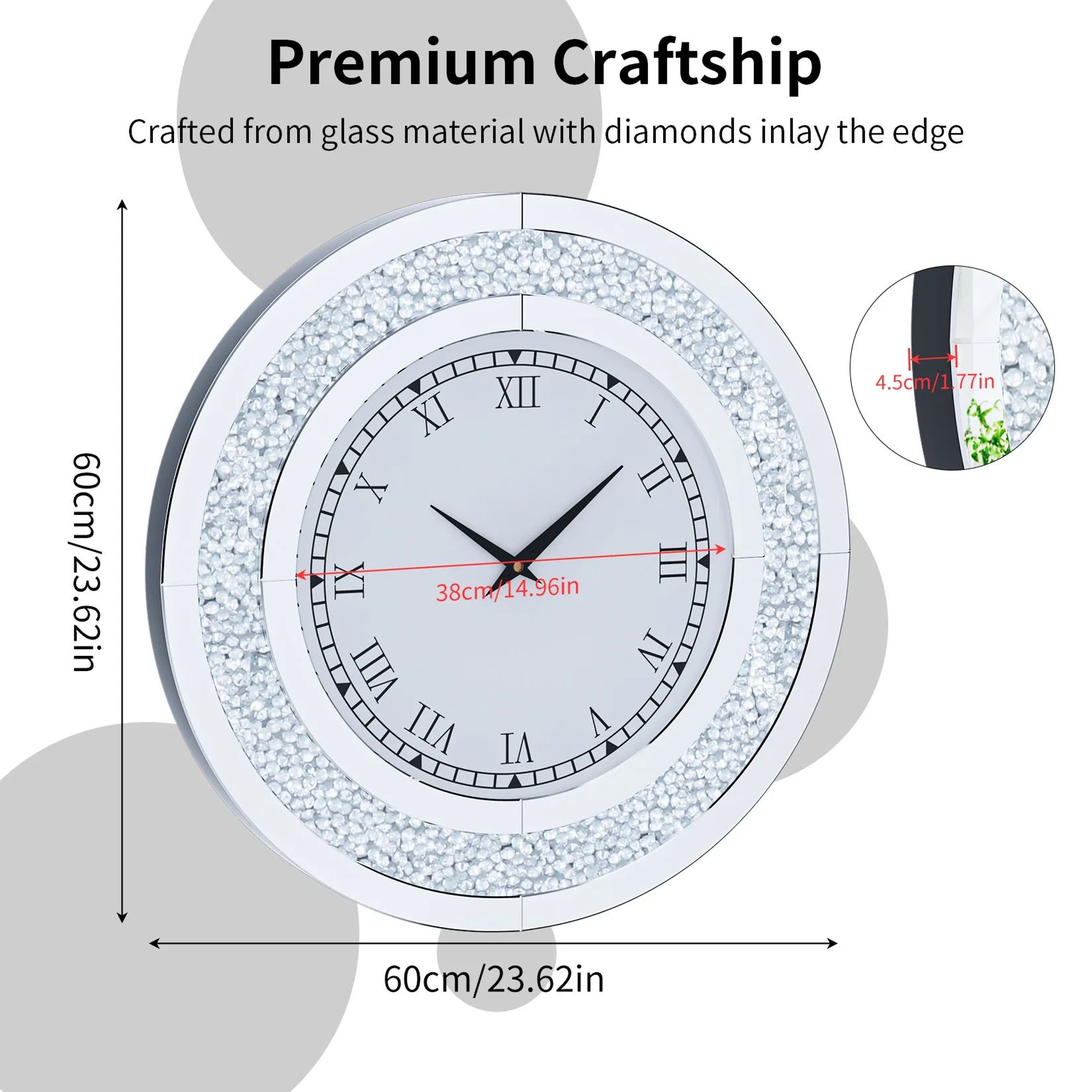 24Inch Mirrored Wall Clock With Crushed Diamond Sparkle Roman Numerals And Silver Tawny Finish 5