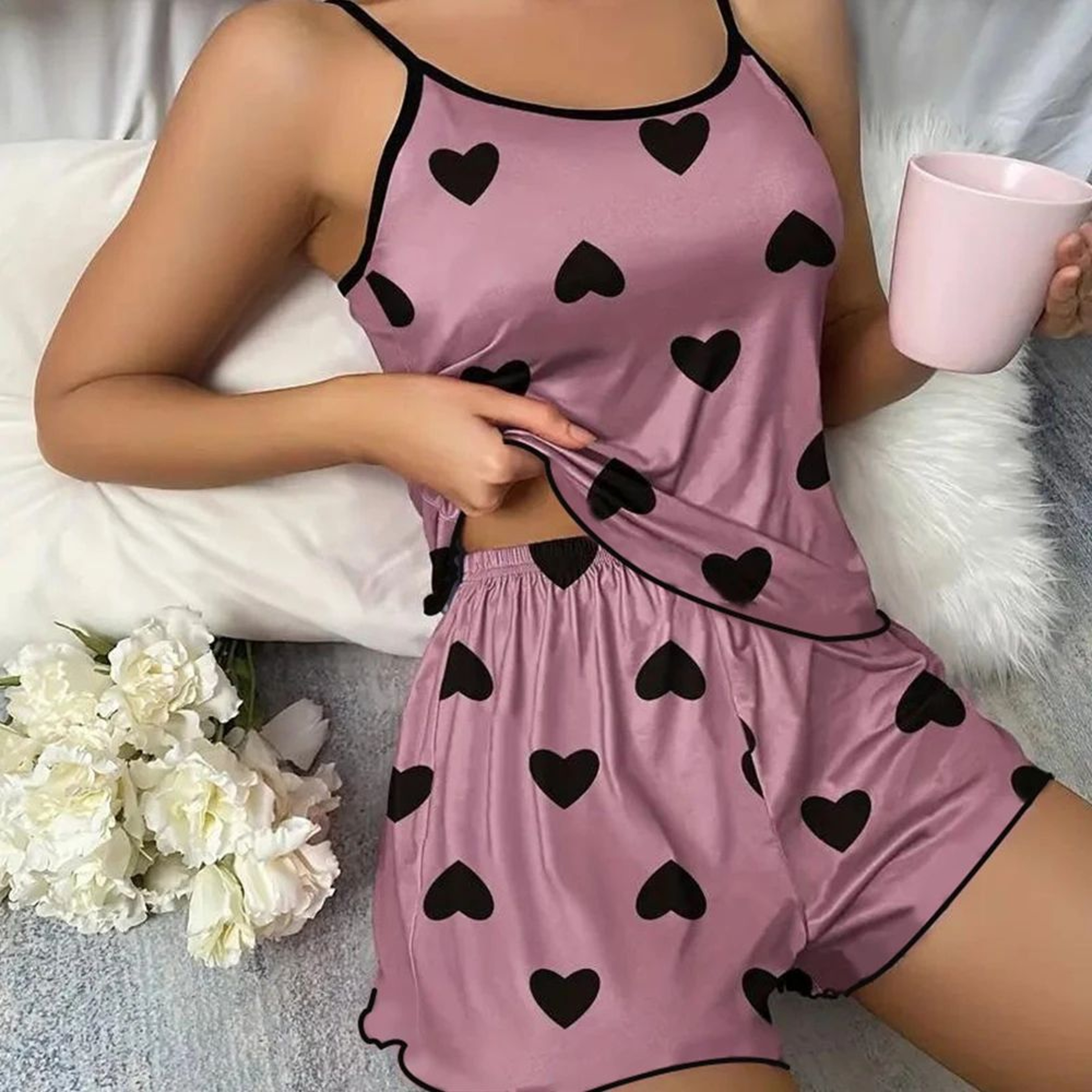 SweetDream Ice Silk Womens Pajama Set  Cute Heart Print Pajama Set With Cooling Summer Loungewear S 3