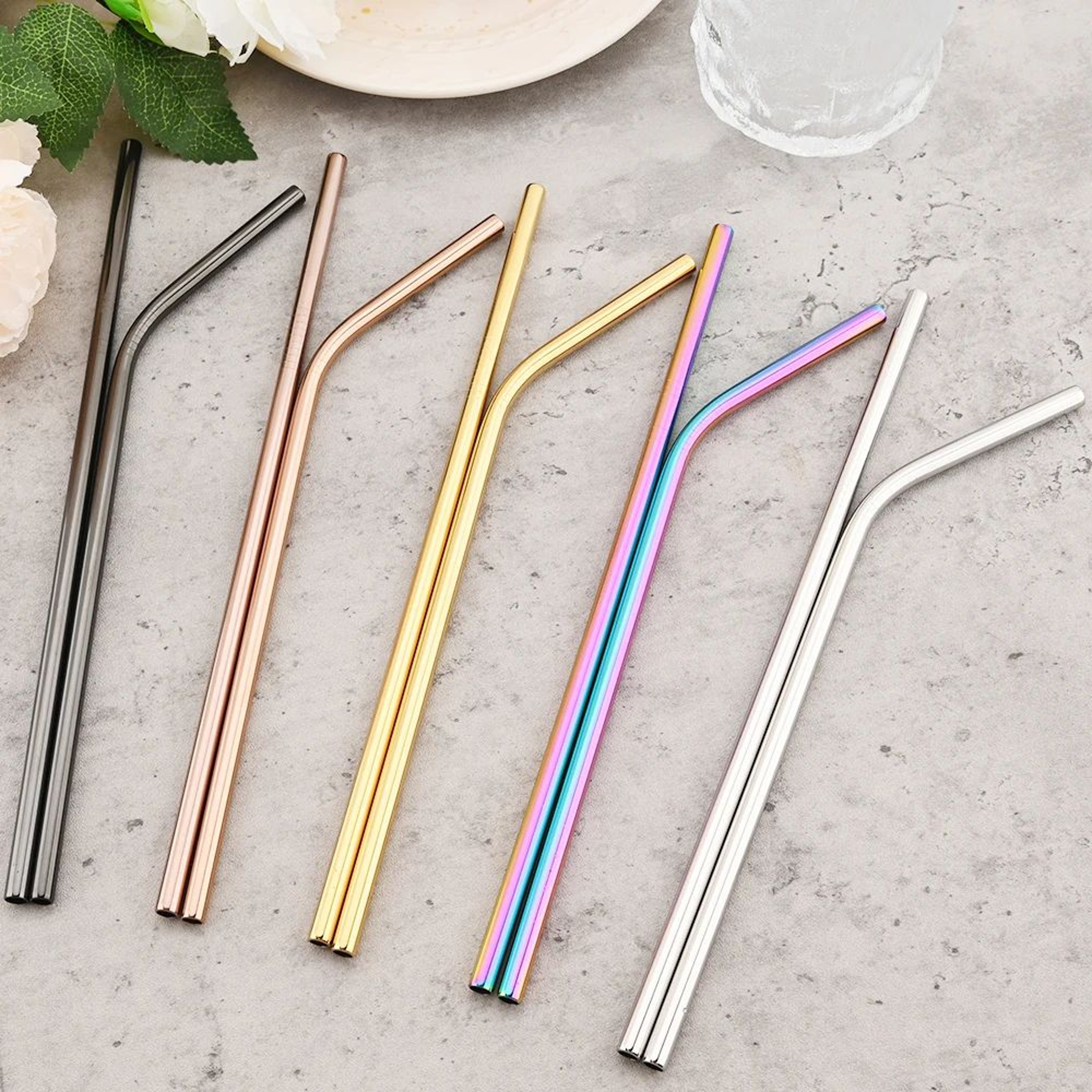 Rainbow Reusable Metal Straws Set With Cleaning Brush  Premium Stainless Steel Drinking Straws For  3