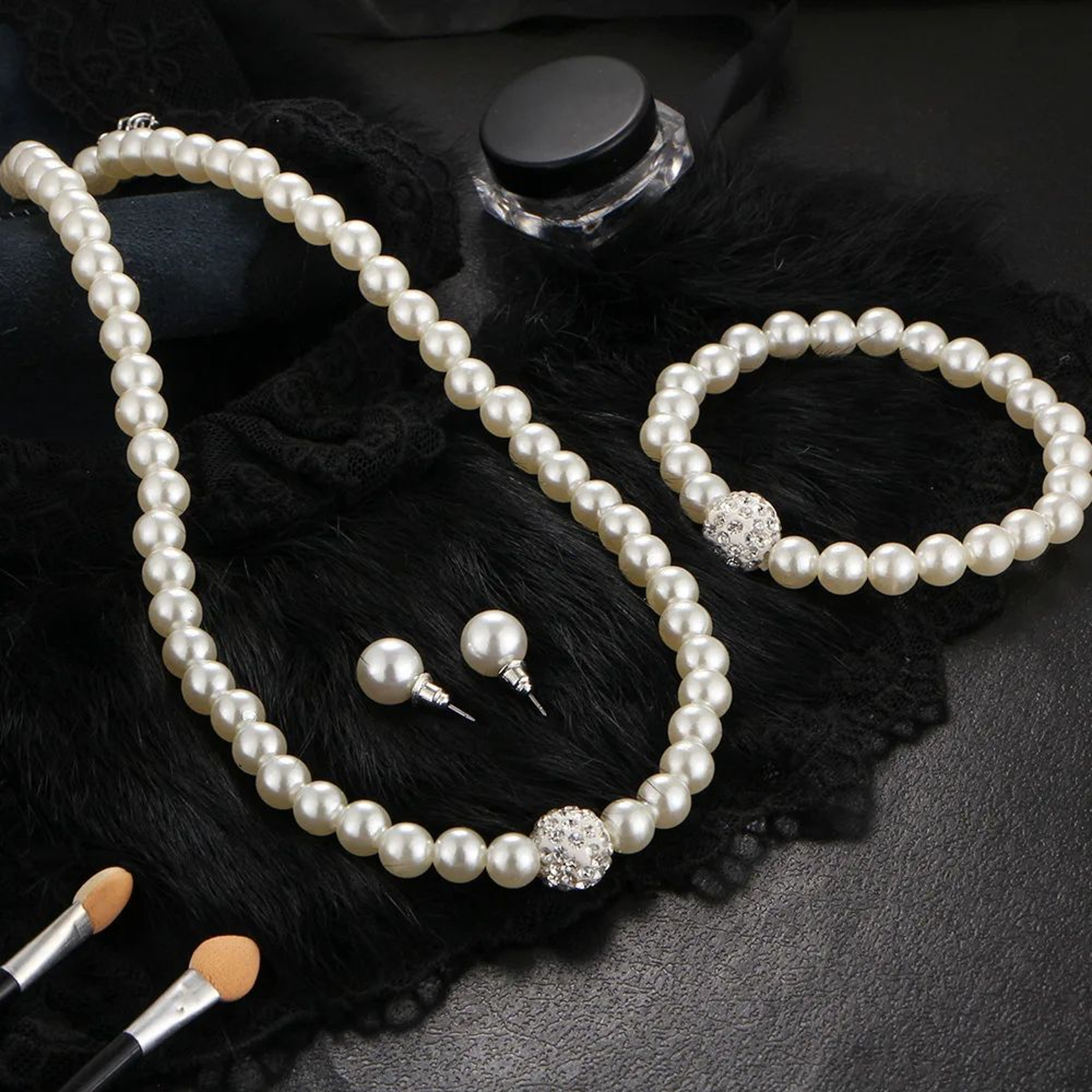 Elegant Bridal Pearl Jewelry Set  Crystal Fireball Imitation Pearl Necklace Set With Bracelet  Stud 2