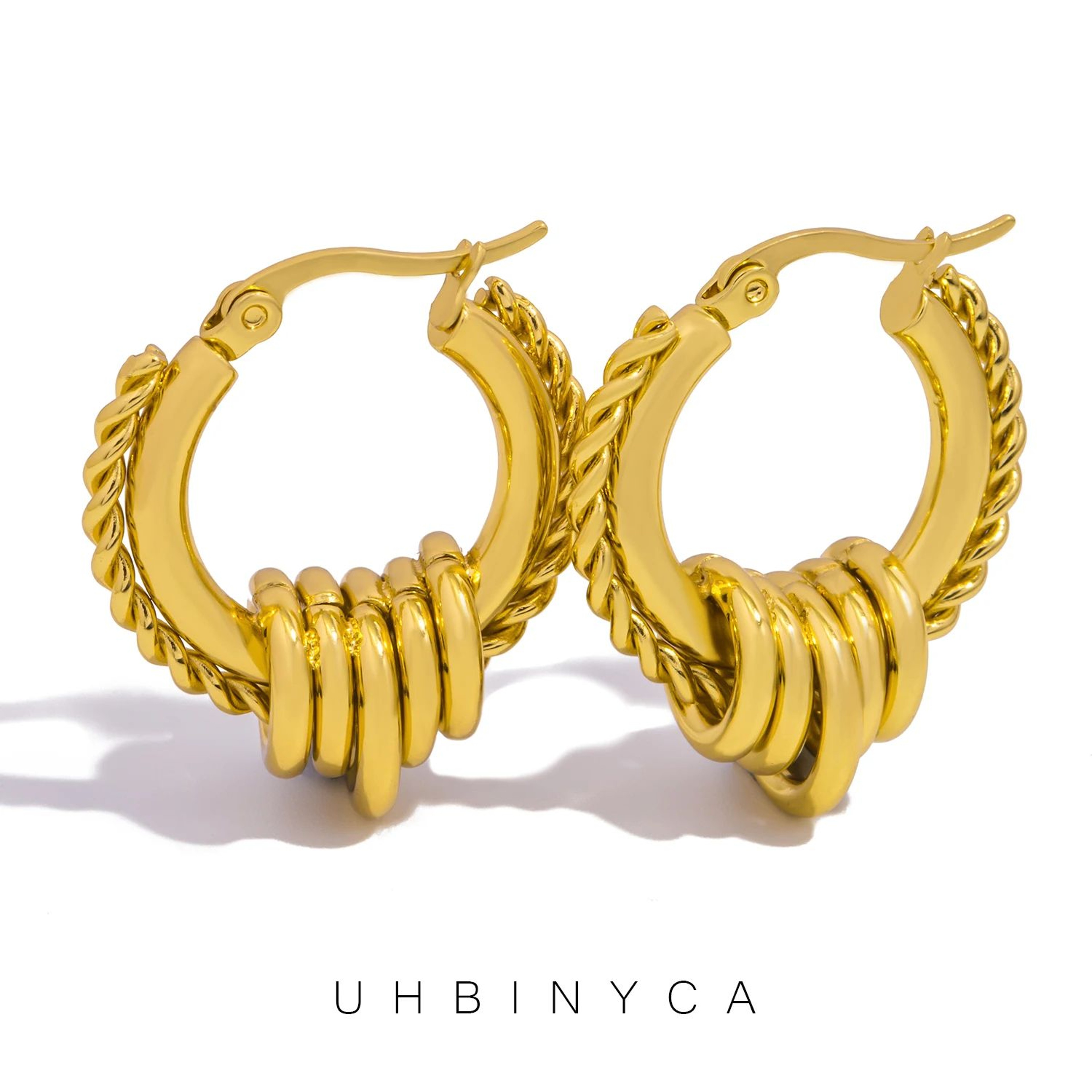 Gold Textured Multilayer Twisted Circle Statement Earrings 0