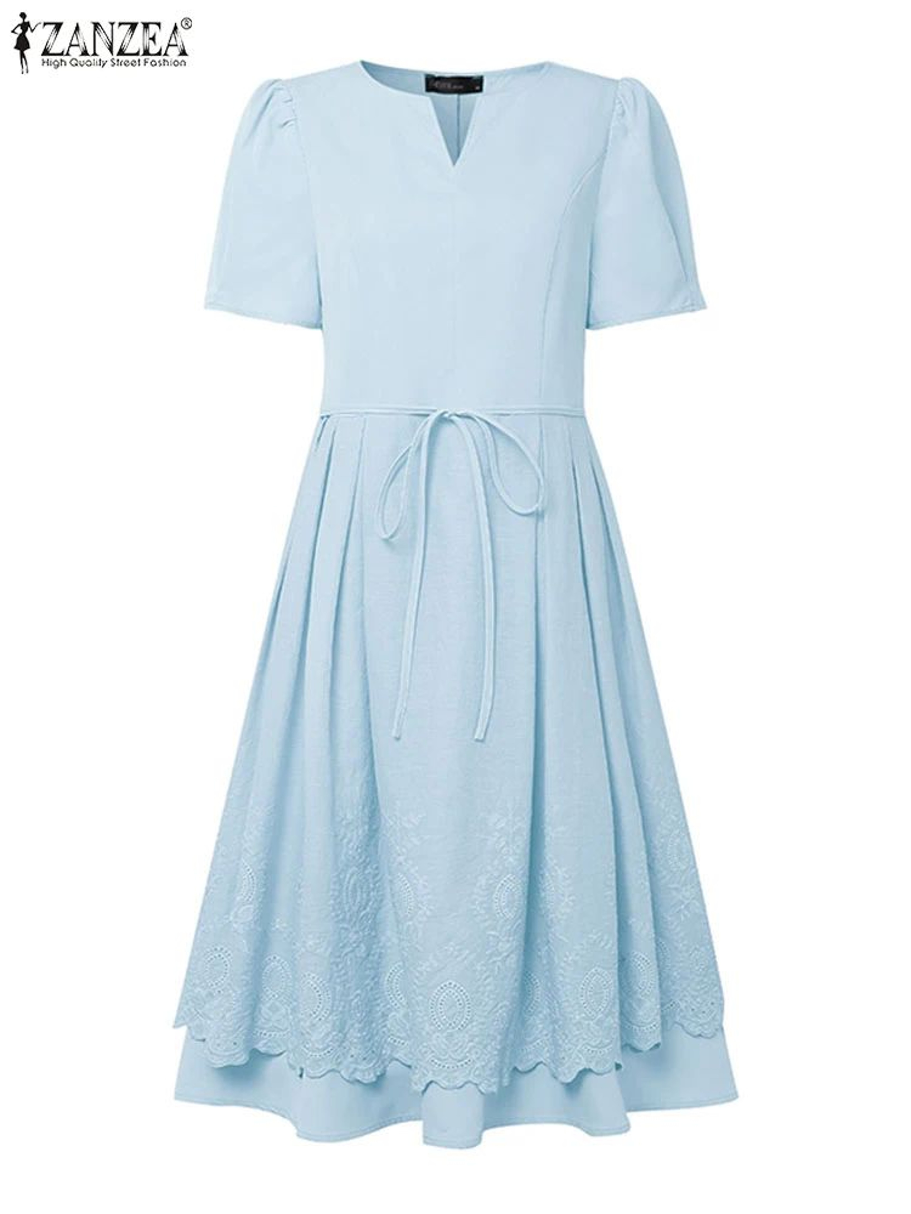 ZANZEA Lace Patchwork Summer Midi Dress With Puff Sleeves  Elegant Casual Sundress For Women 4