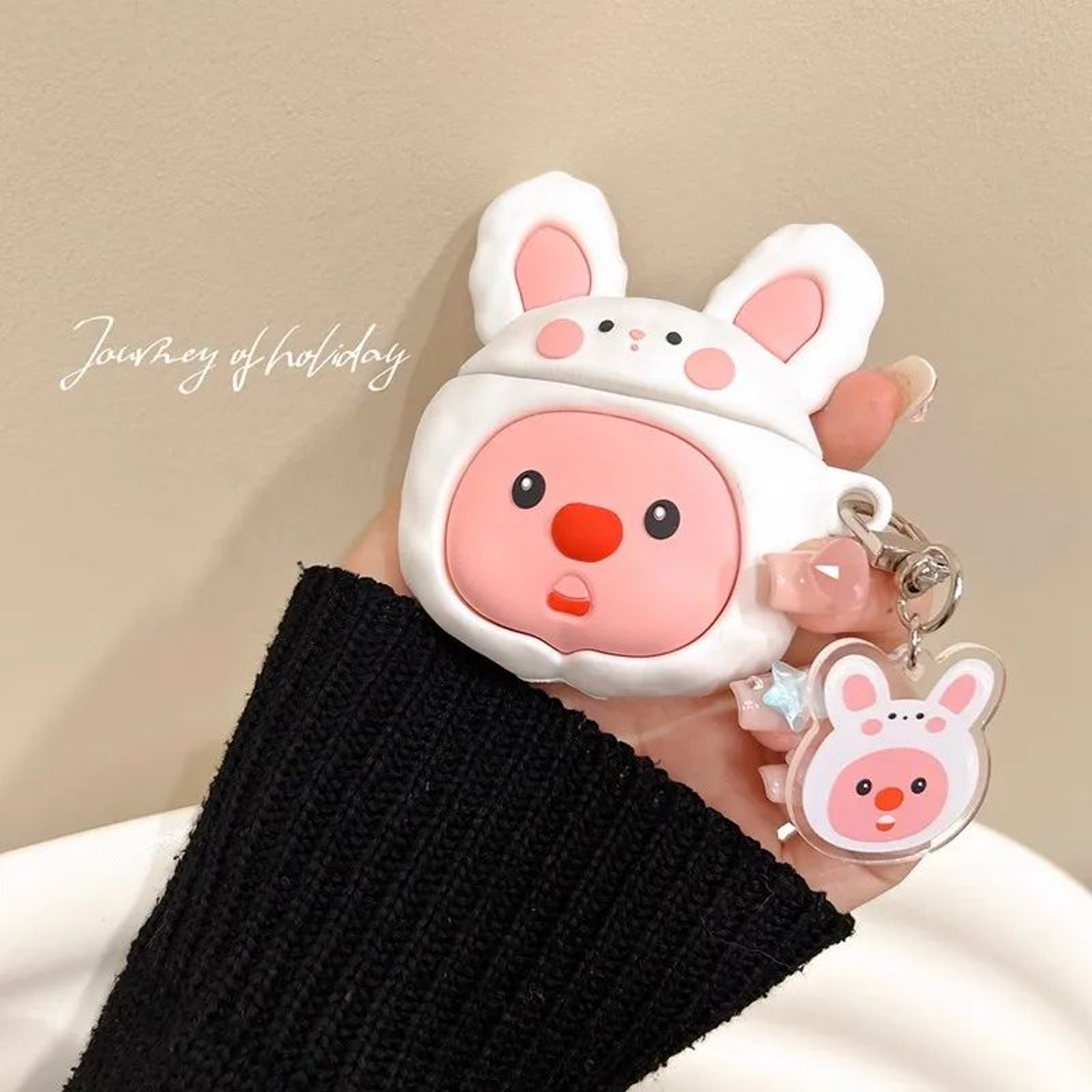 Cute Rabbit Hat AirPods Silicone Case With Keychain  3D Cartoon Protective Cover For AirPods 5