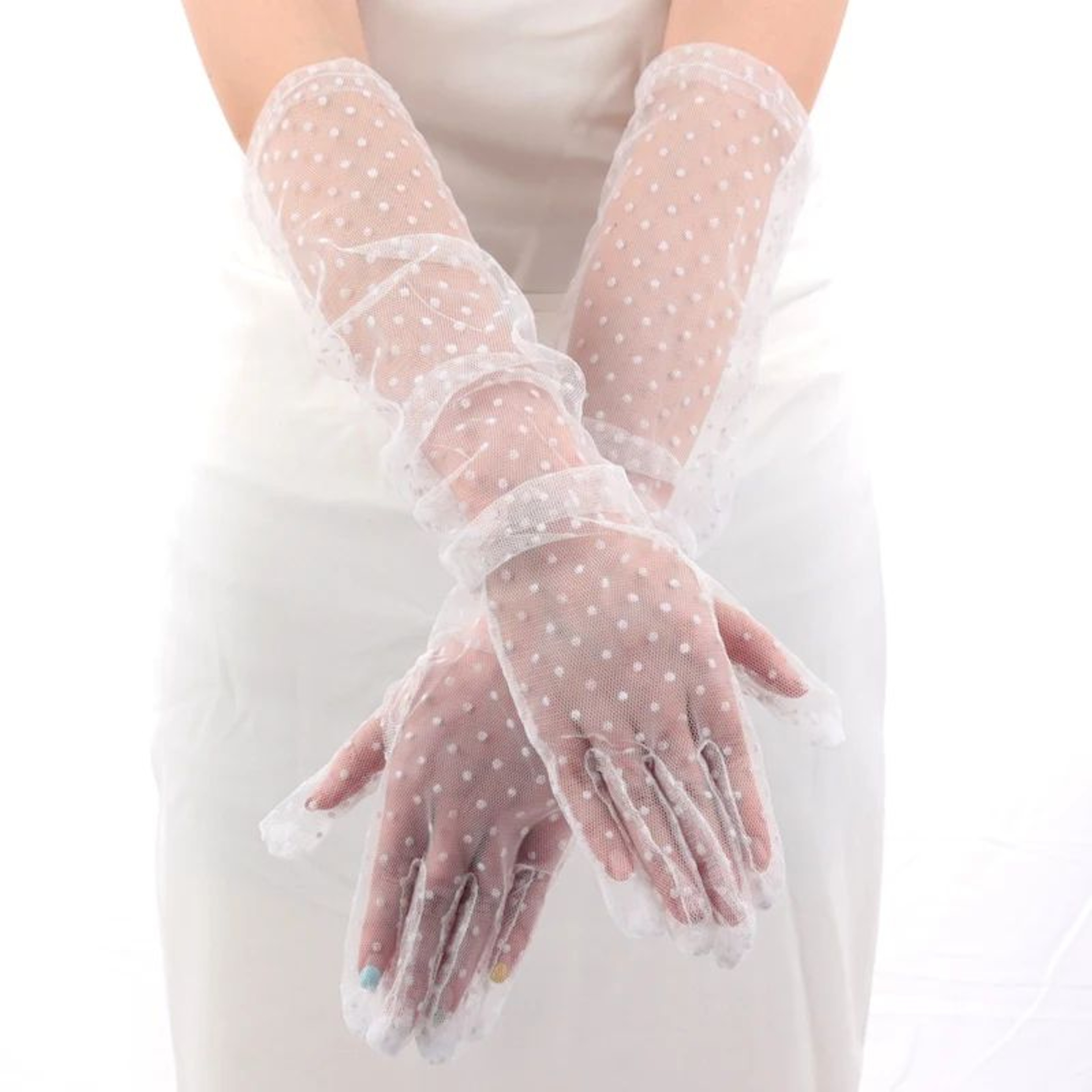 Elegant Black Lace Bridal Gloves For Women Long Mesh Polka Dot Tulle 6
