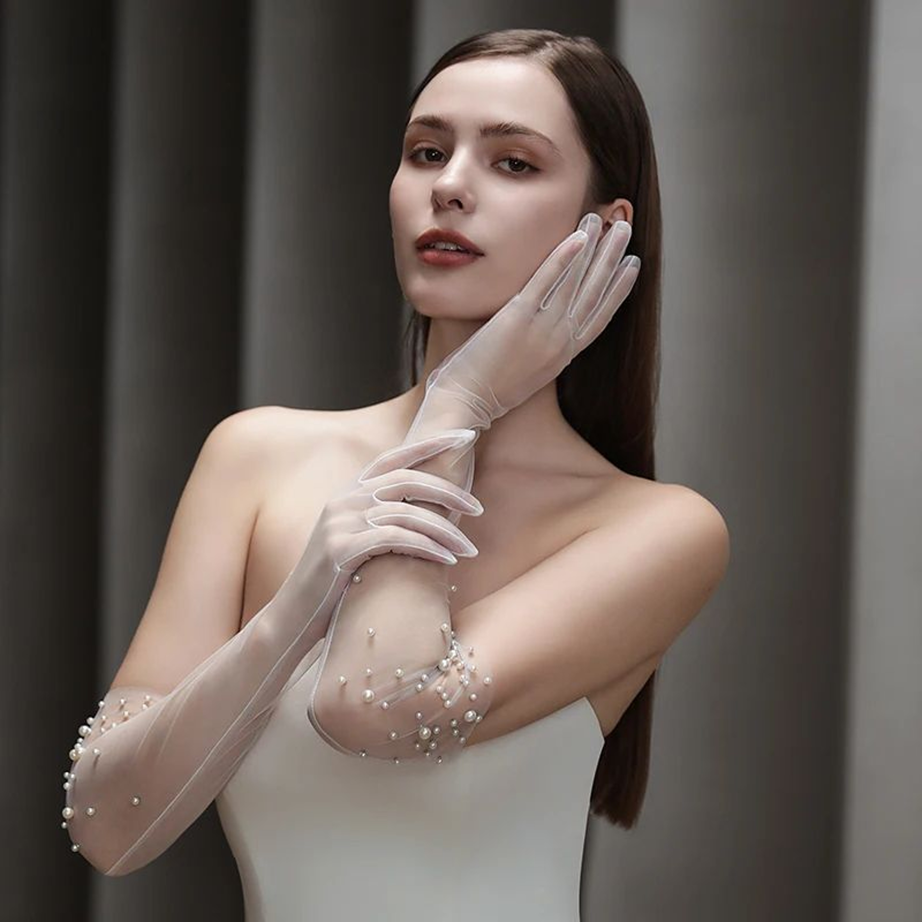 Pearl Beaded Bridal Gloves  Opera Length Tulle Wedding Gloves For Brides 1