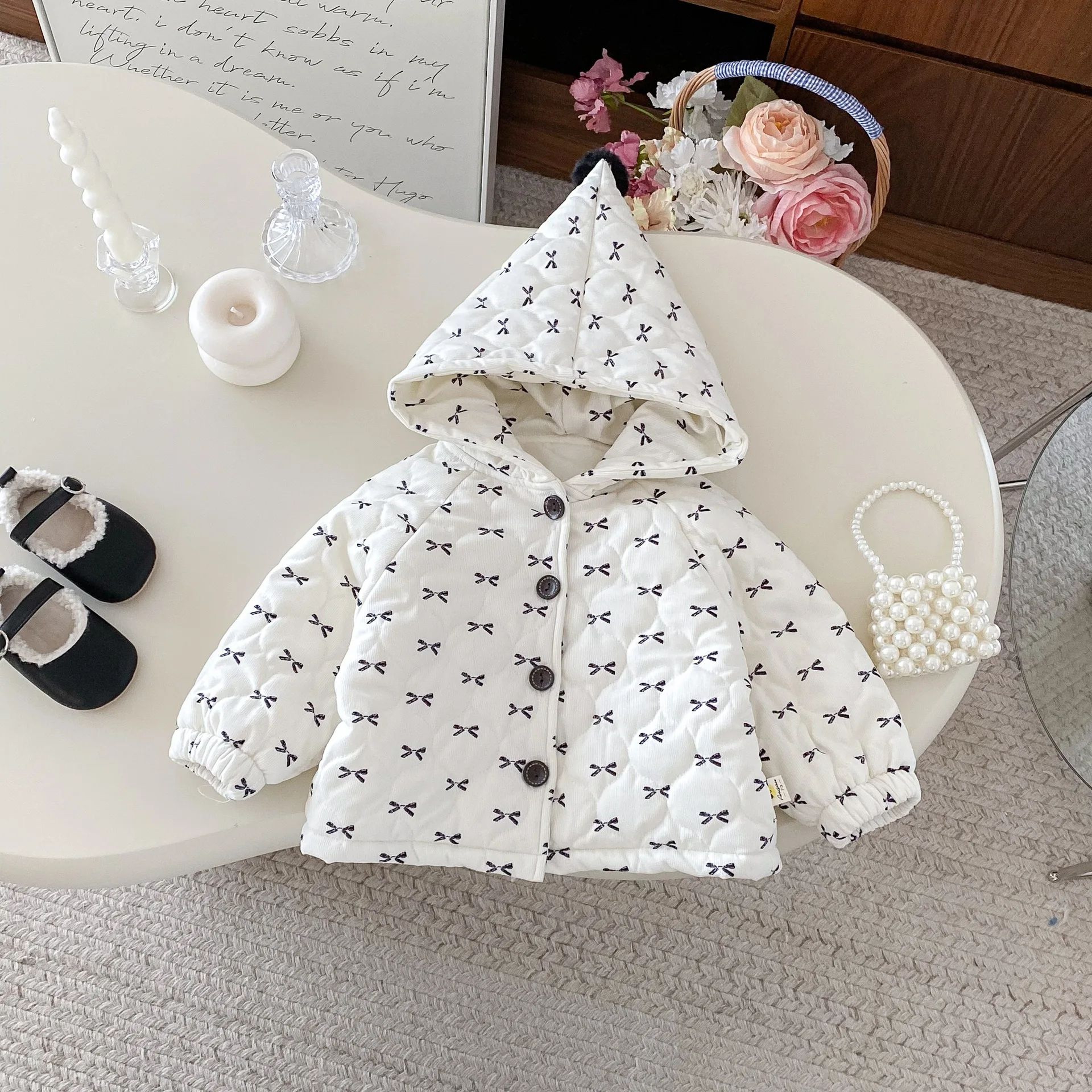 Sweet Bow Hooded Baby Girl Winter Jacket  Soft Cotton Toddler Coat 5