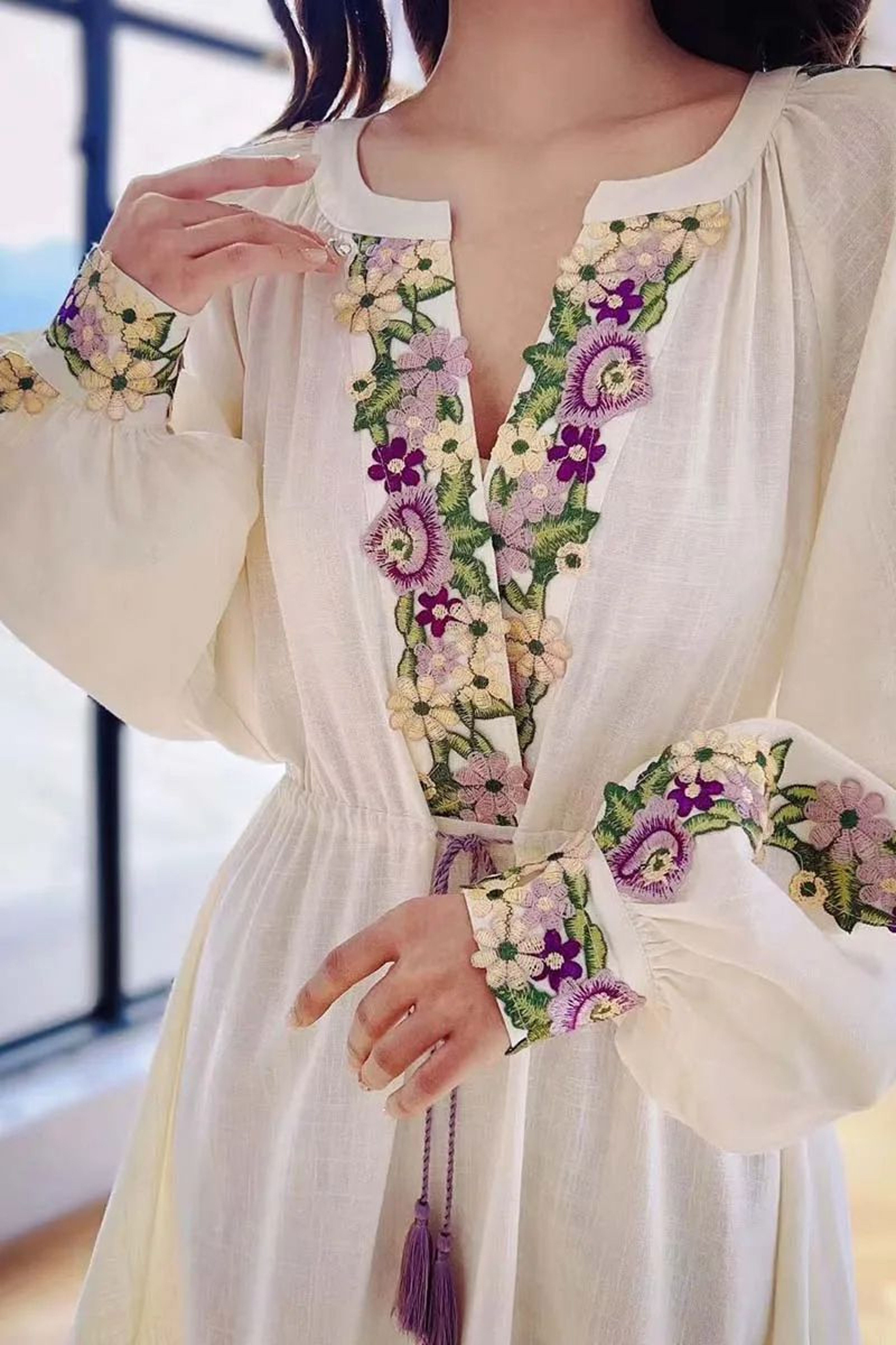 Embroidered Chiffon Dress With Lantern Sleeves  Elegant Beach Style Dress KneeLength Y2K Spring Dre 3