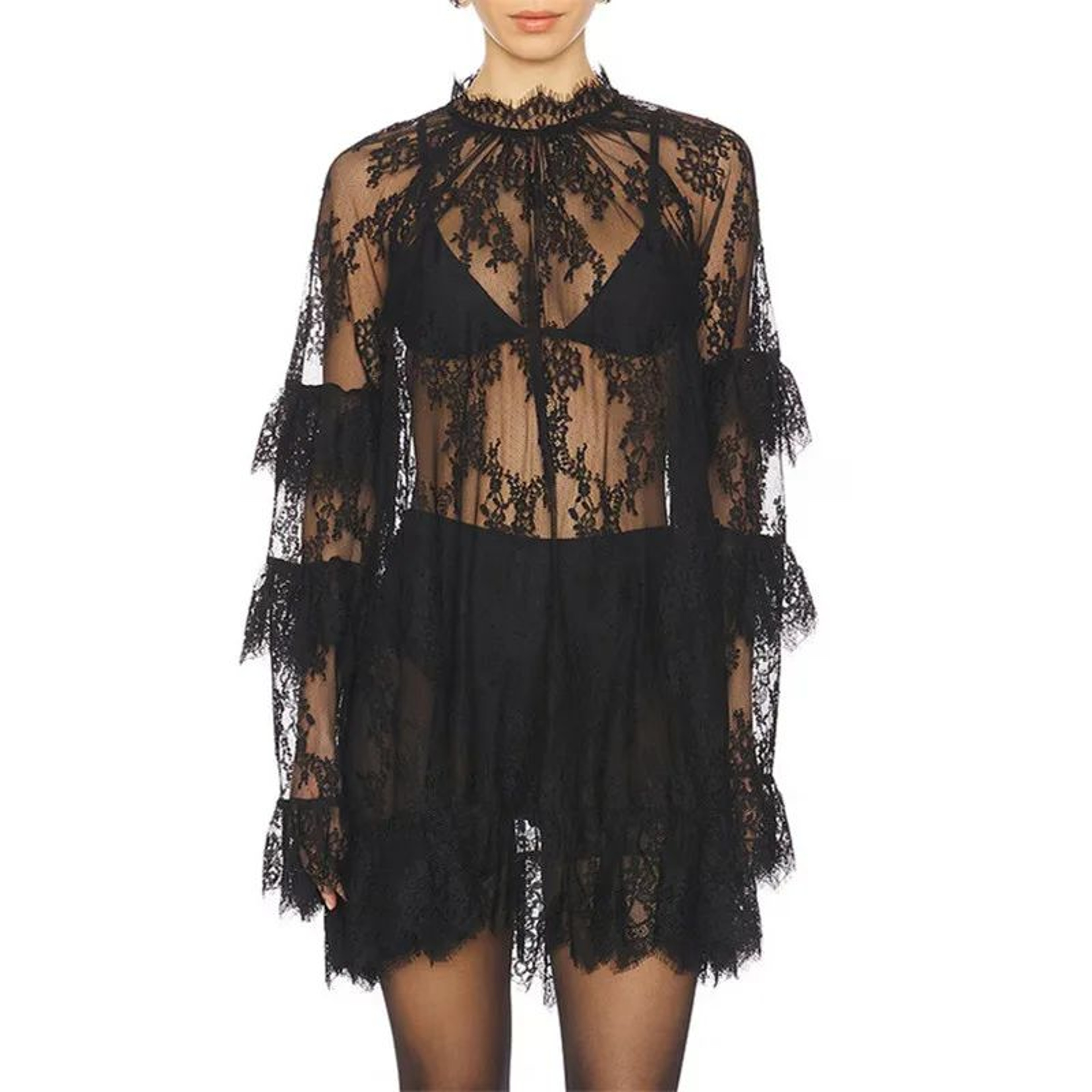 Elegant Floral Sheer Lace Mini Dress  Long Sleeve See Through Mesh Dress For Party  Cocktail Nights 4