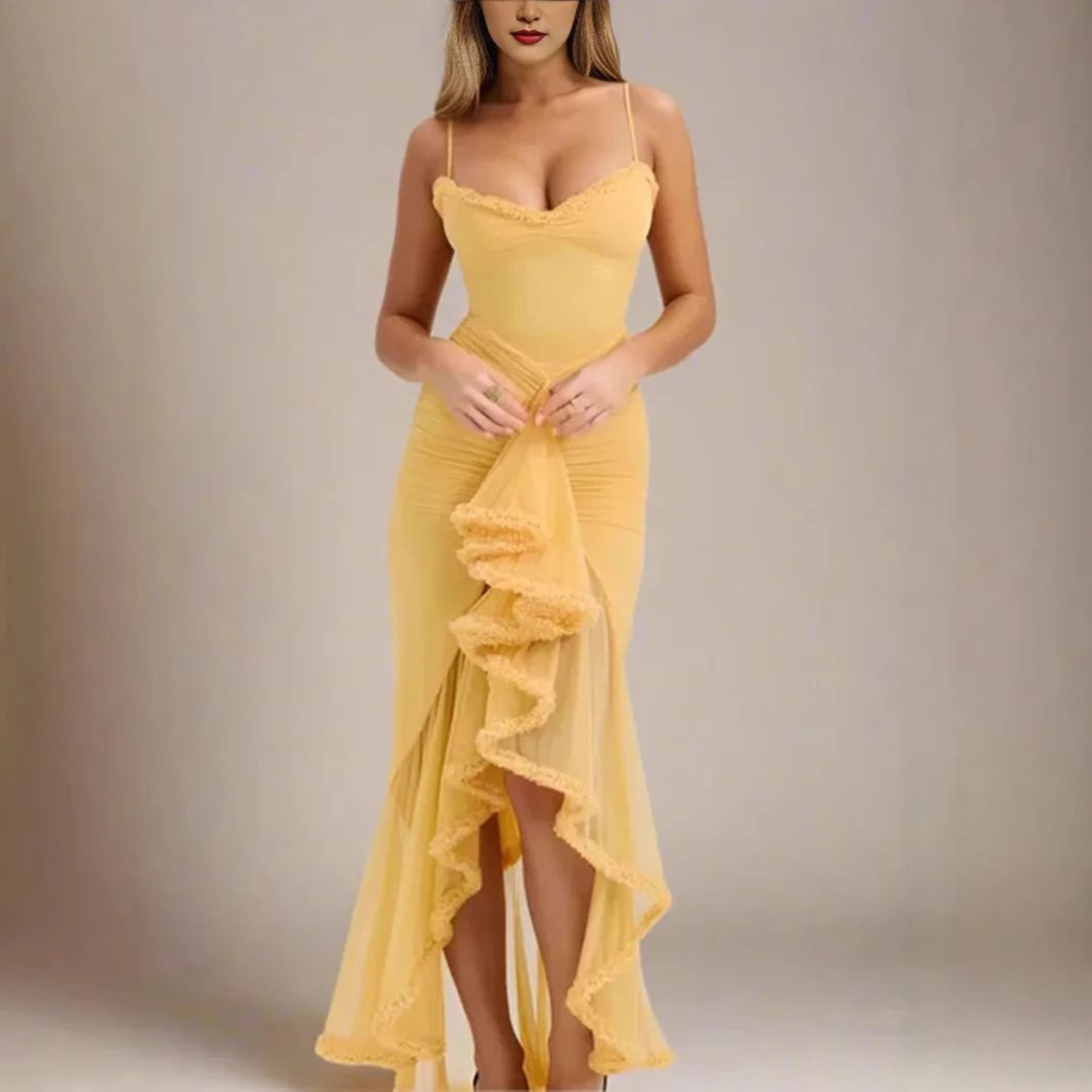 Elegant Ruched Mesh Camisole Dress  Ruffled Sleeveless Flowy Party Dress 1