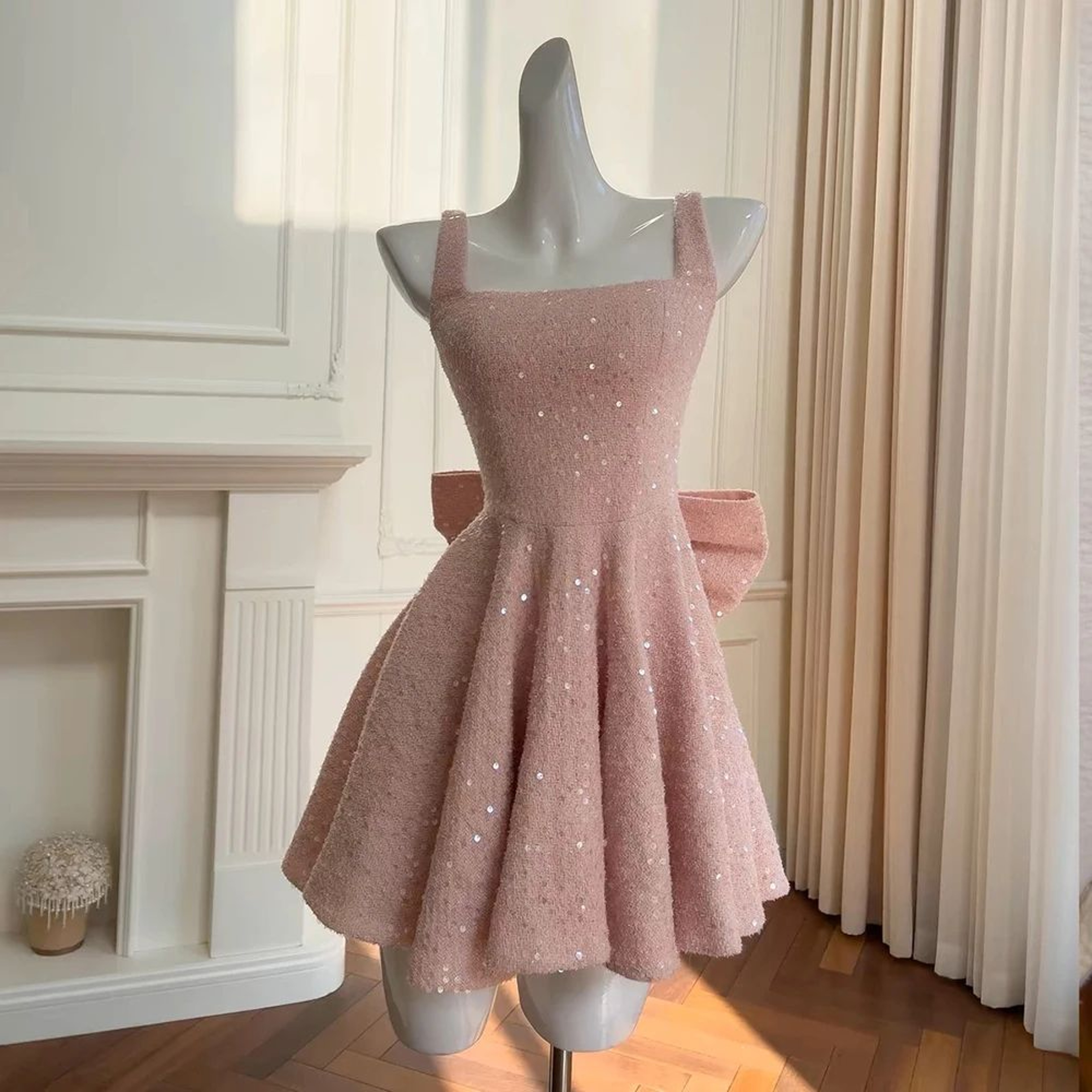 Sequin Bow Backless ALine Sequin Mini Dress  Sparkly Square Neck Party Dress 3