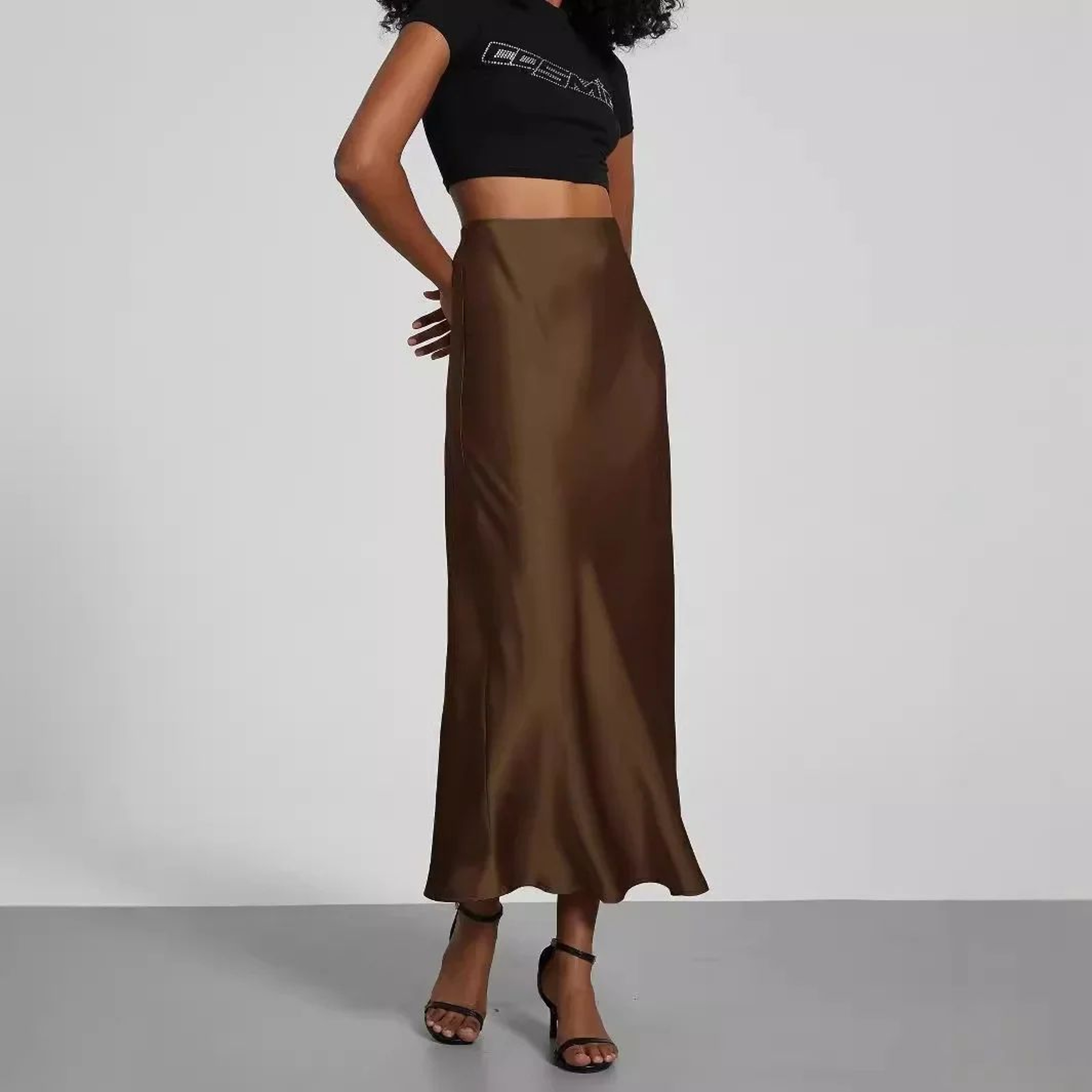 Elegant HighWaist Satin Midi Skirt  Versatile Solid Color Womens Satin Skirt With Silky Flowing Tex 3