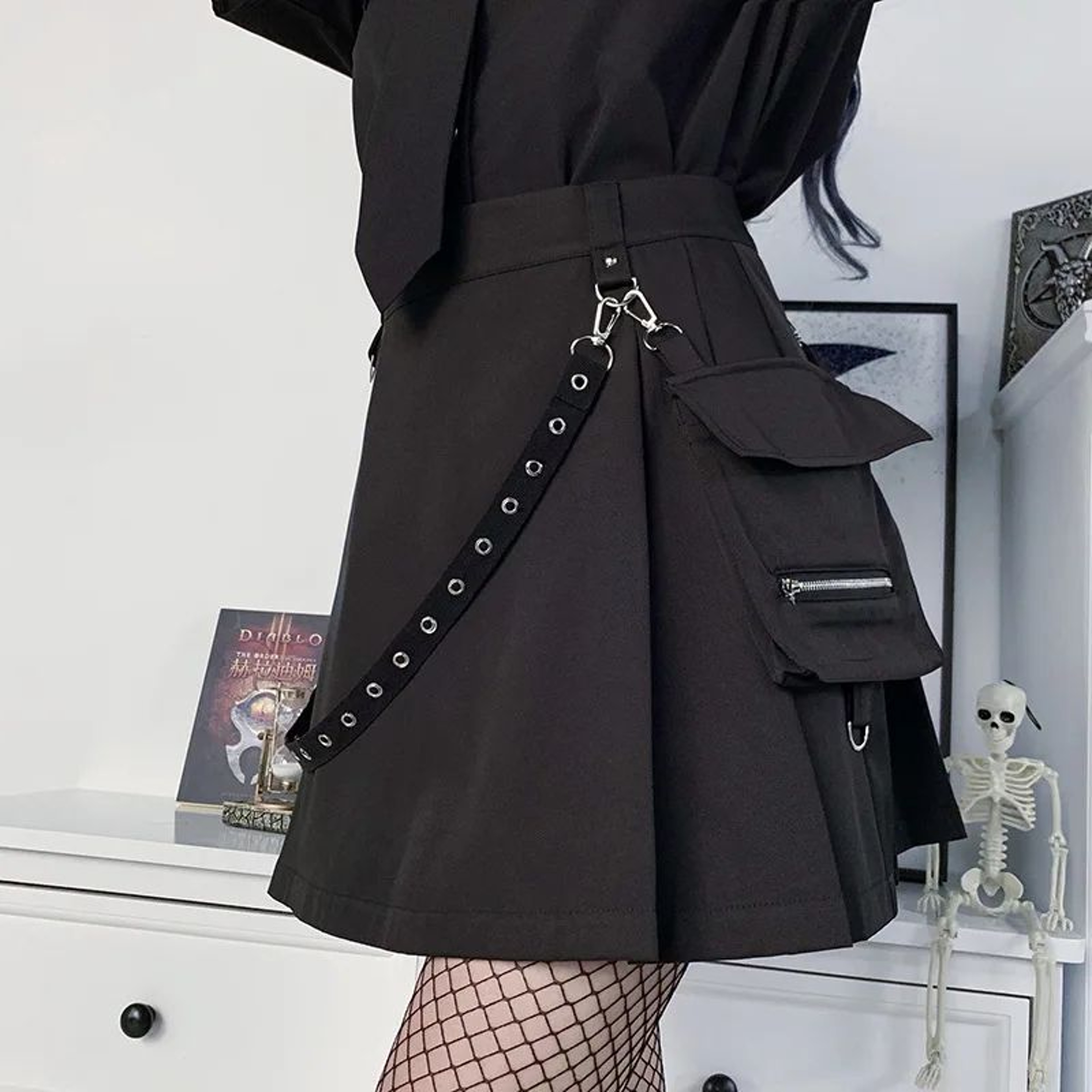 Harajuku Gothic High Waist Punk Mini Skirt  Patchwork Bandage Streetwear For Women 4