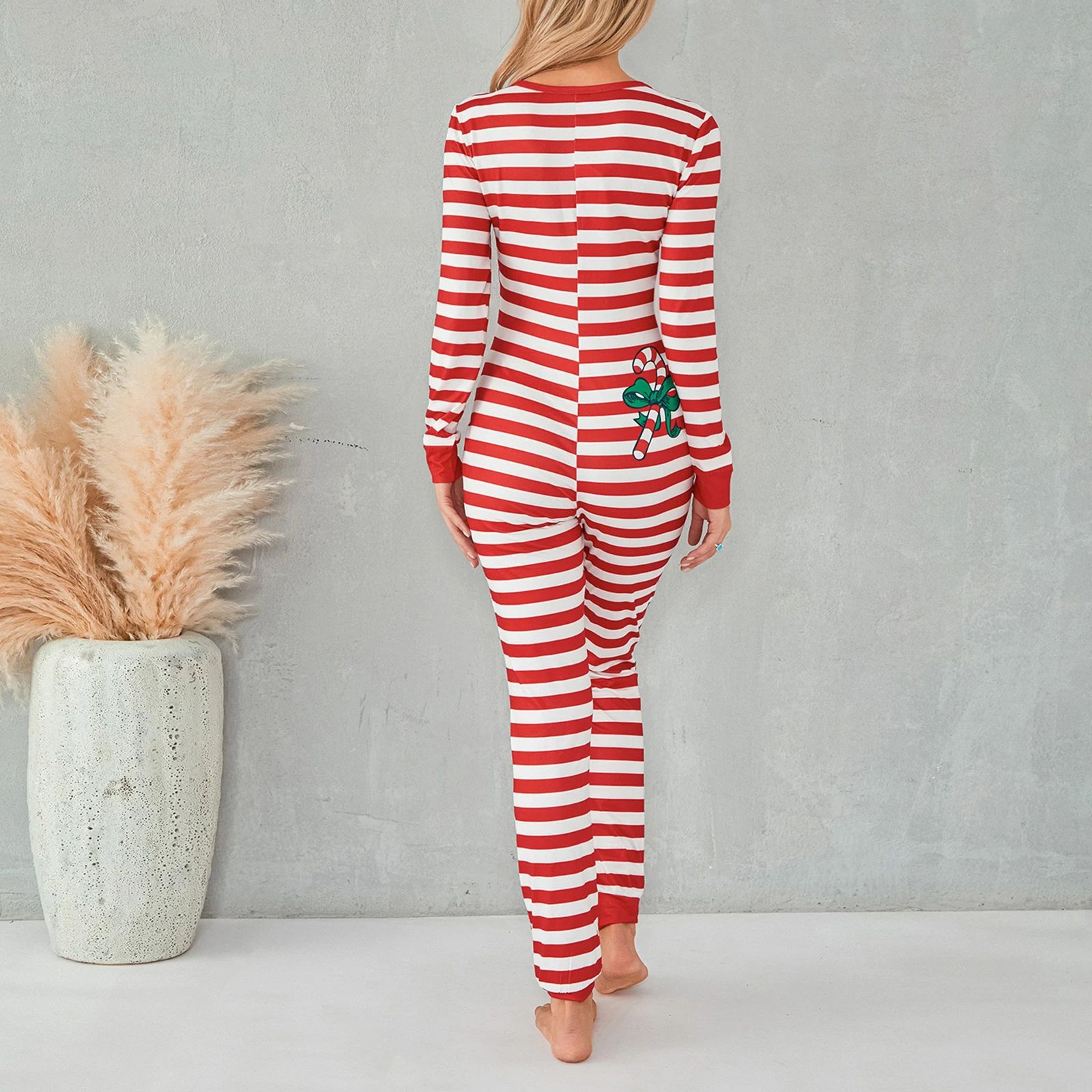 Cozy Striped ButtonFront Womens Pajama Romper  Long Sleeve Christmas Lounge Jumpsuit Sleepwear 0