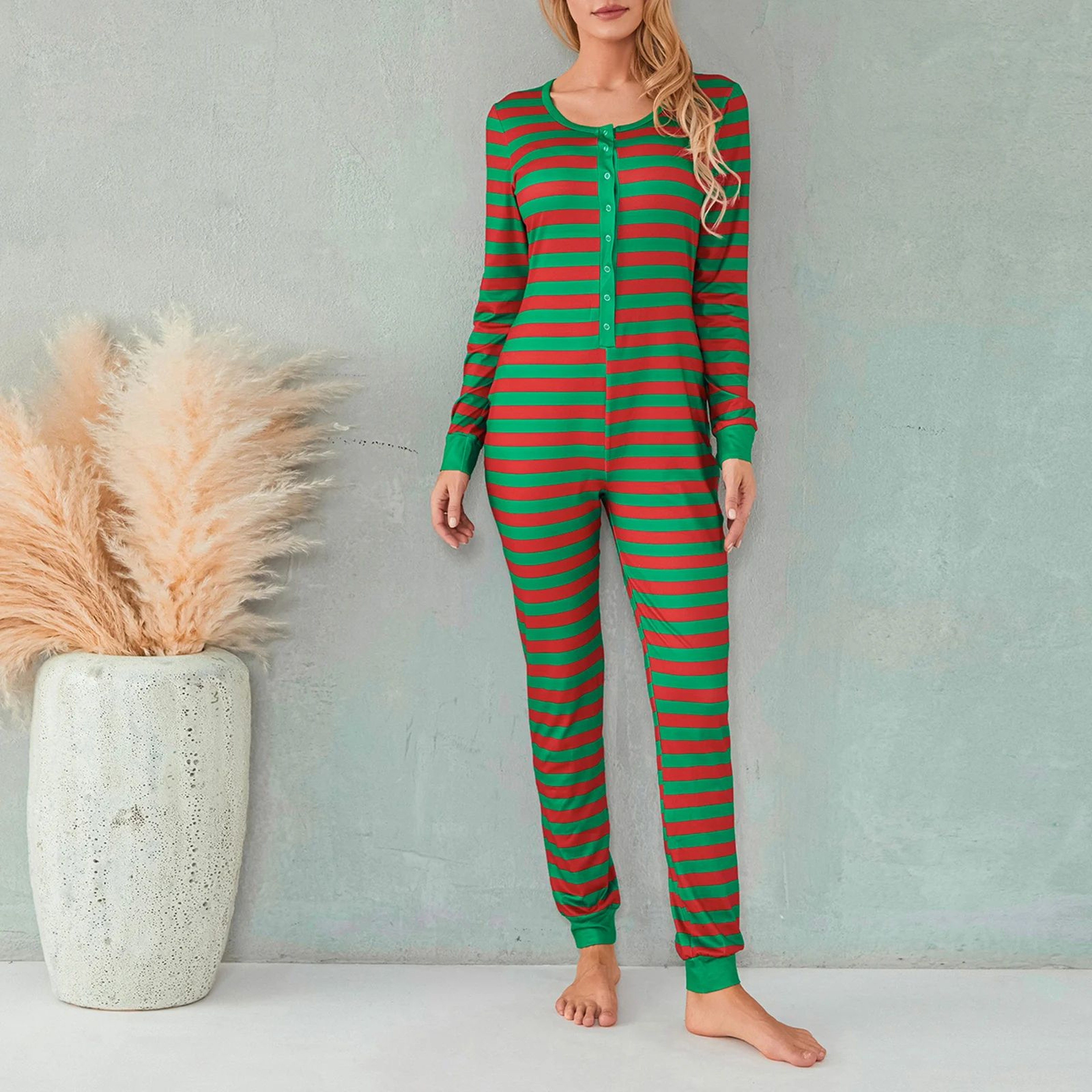 Cozy Striped ButtonFront Womens Pajama Romper  Long Sleeve Christmas Lounge Jumpsuit Sleepwear 1
