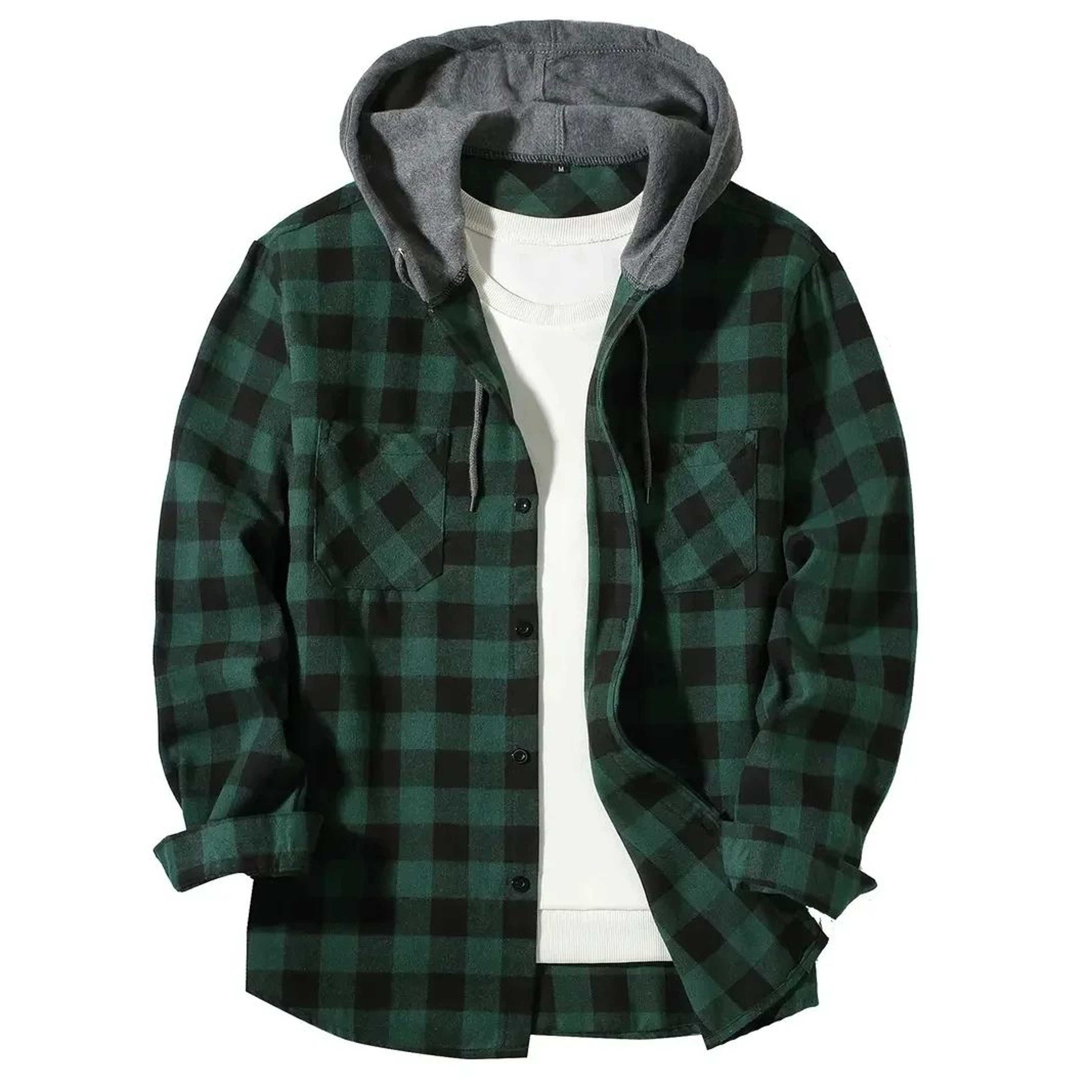 Mens Plaid Hooded Shirt Jacket  Casual Flannel Button Down Hoodie With Double Pockets 3