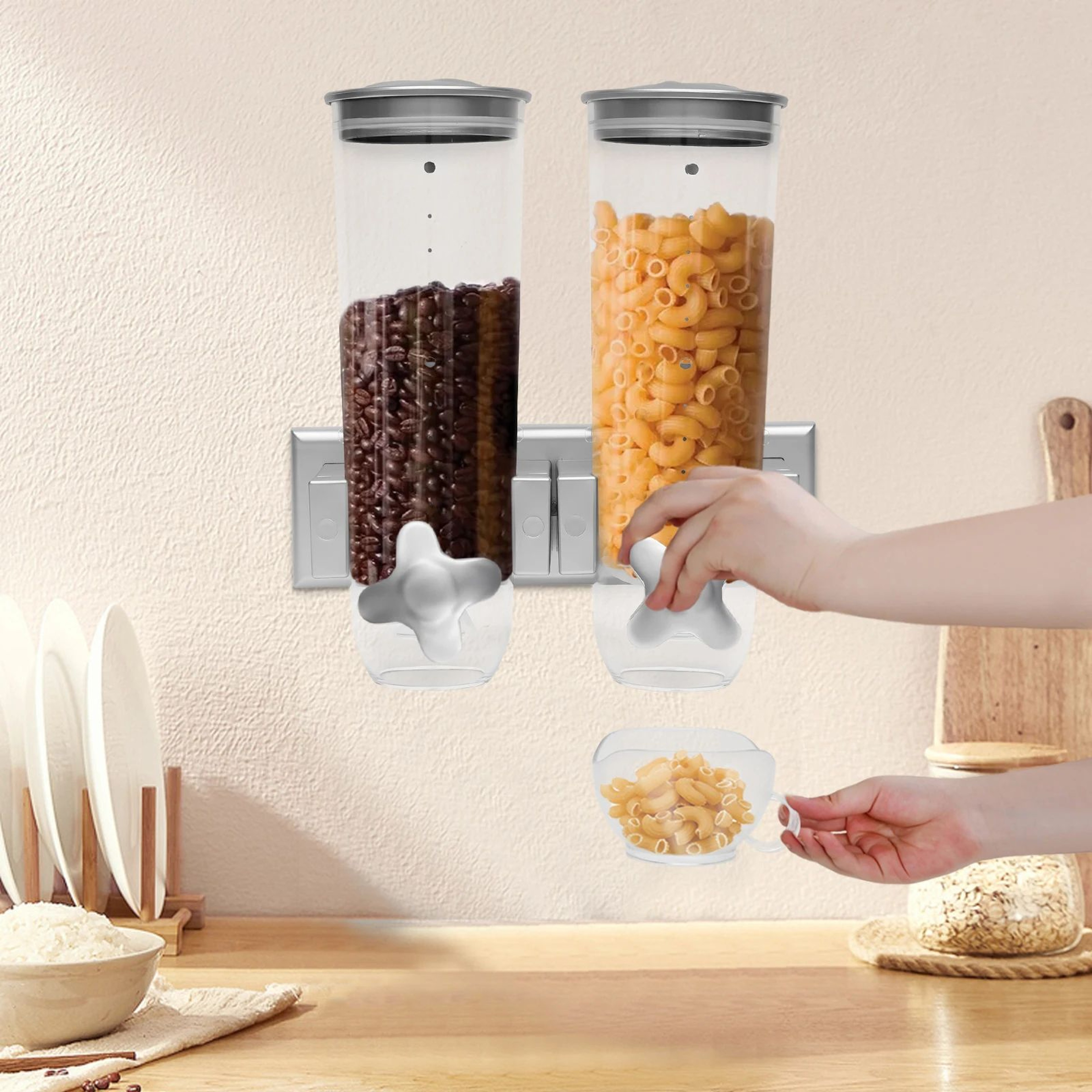 DualBucket Wall Mounted Food Dispenser  3L Rice  Grain Storage Kitchen Organizer 0