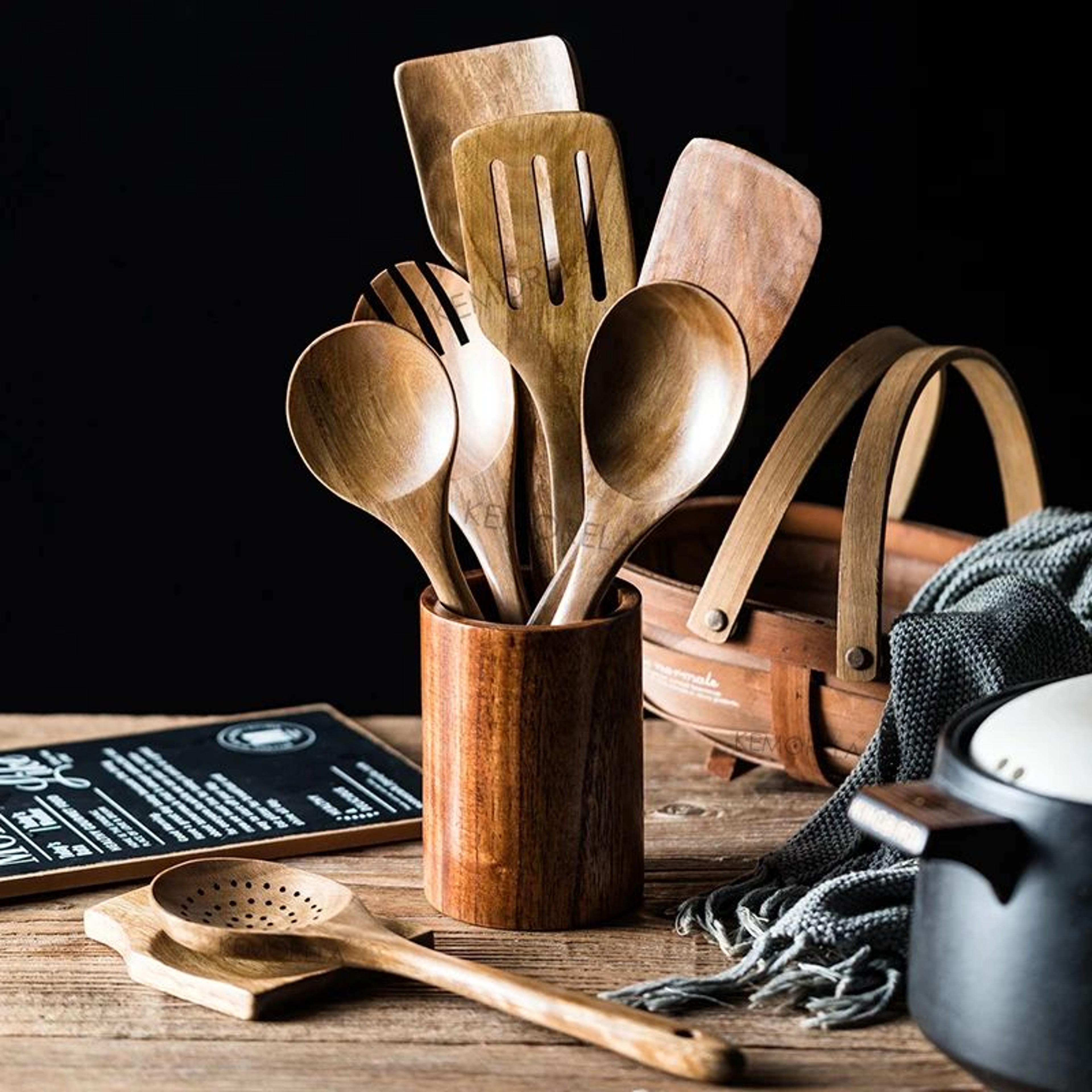 Premium Wooden Spoons For Cooking  9Piece Natural Teak Wooden Kitchen Utensils Set With Countertop  1