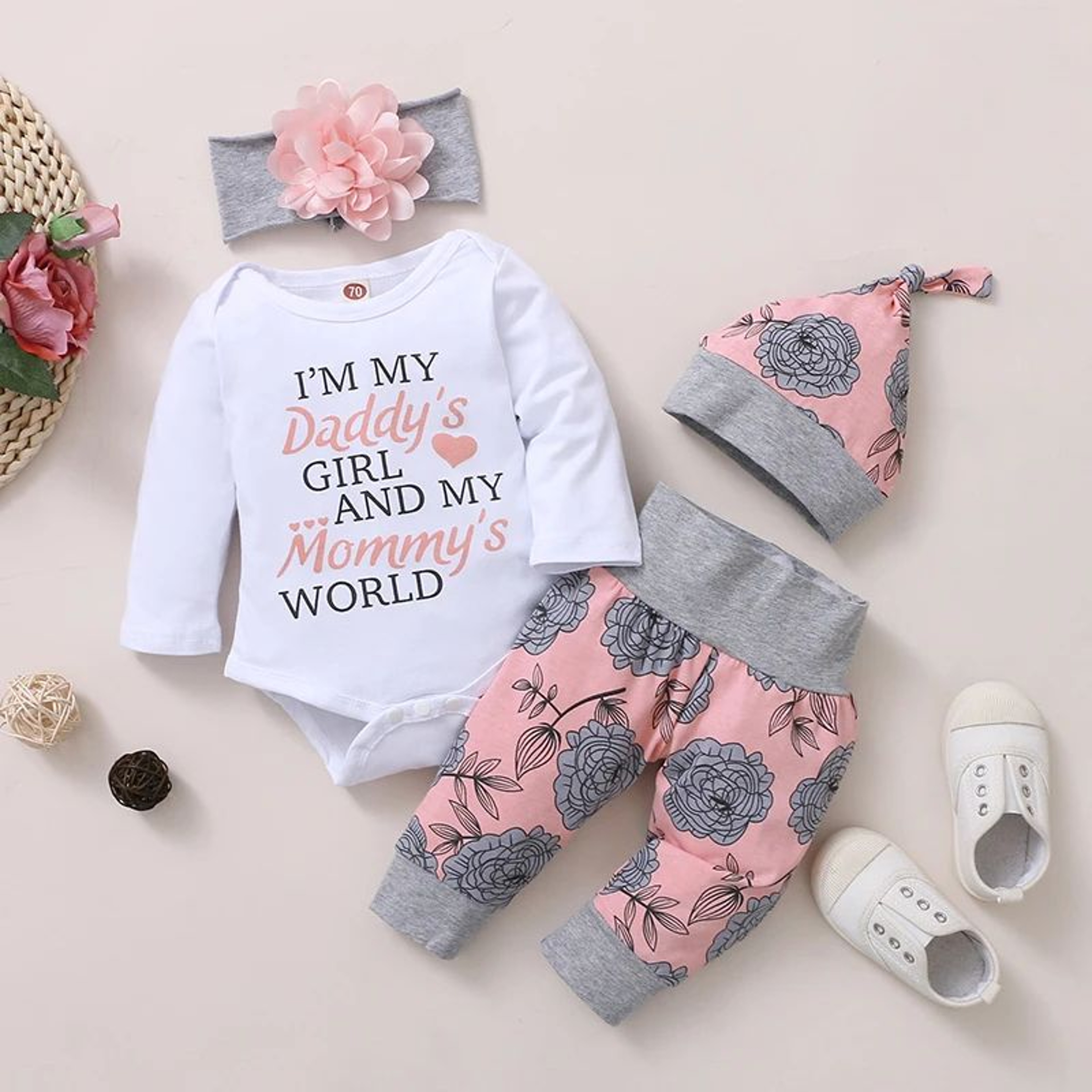 Sweet Bloom Baby Girl Outfit Set  Long Sleeve Floral Romper Pants Hat  Headband 0