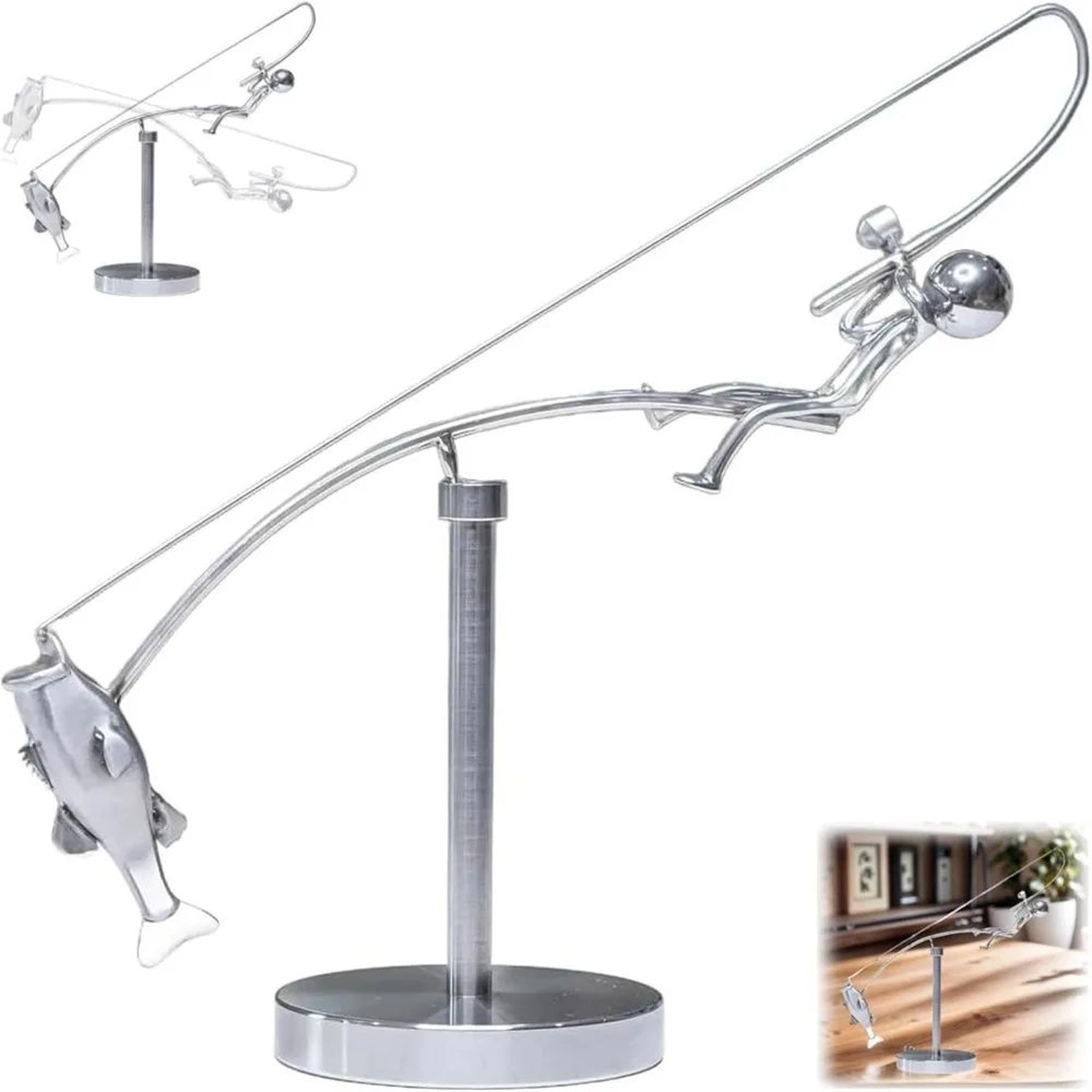 Kinetic Fishing Sculpture Desk Ornament  Handmade Balancing Fisherman Metal Art Gift 0
