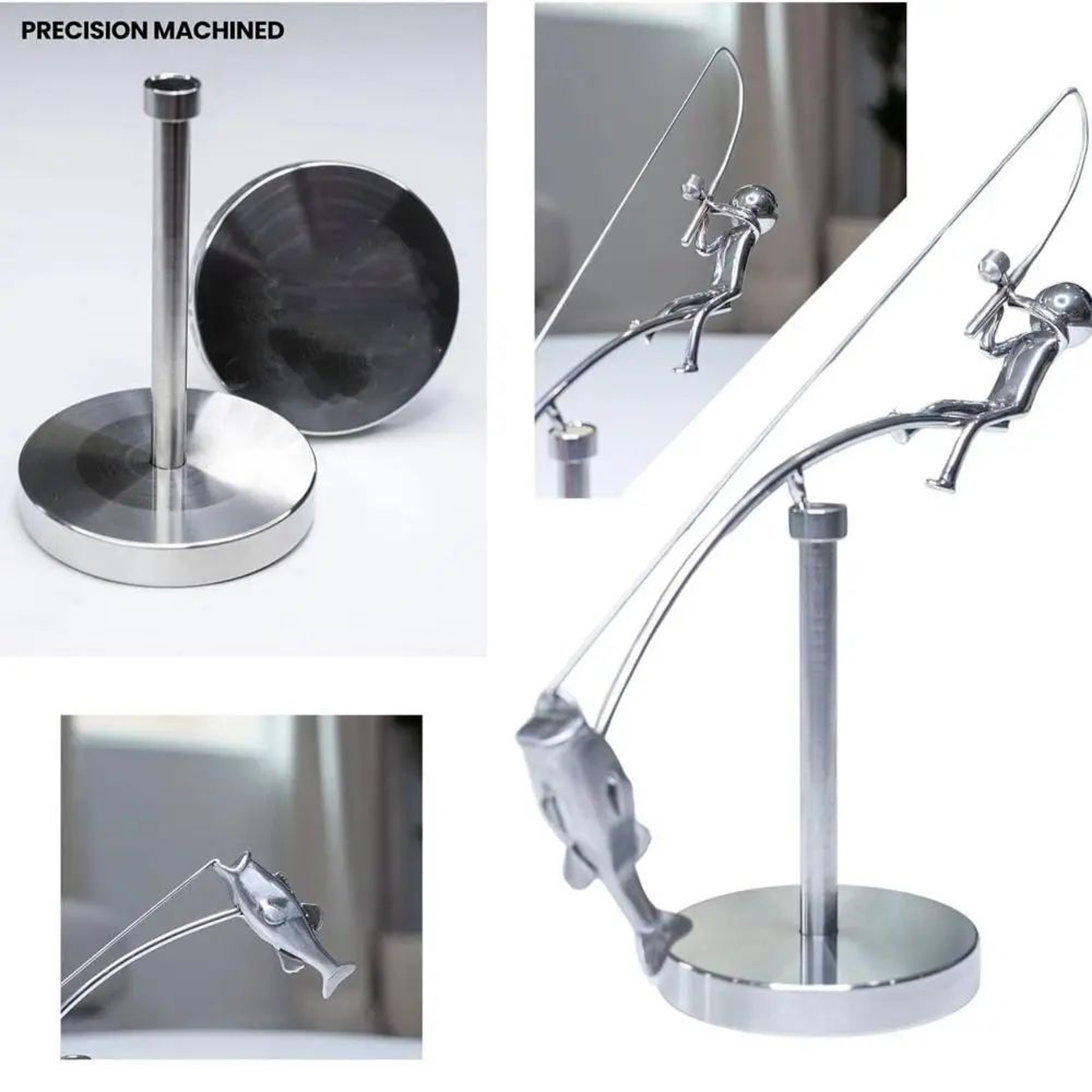 Kinetic Fishing Sculpture Desk Ornament  Handmade Balancing Fisherman Metal Art Gift 3