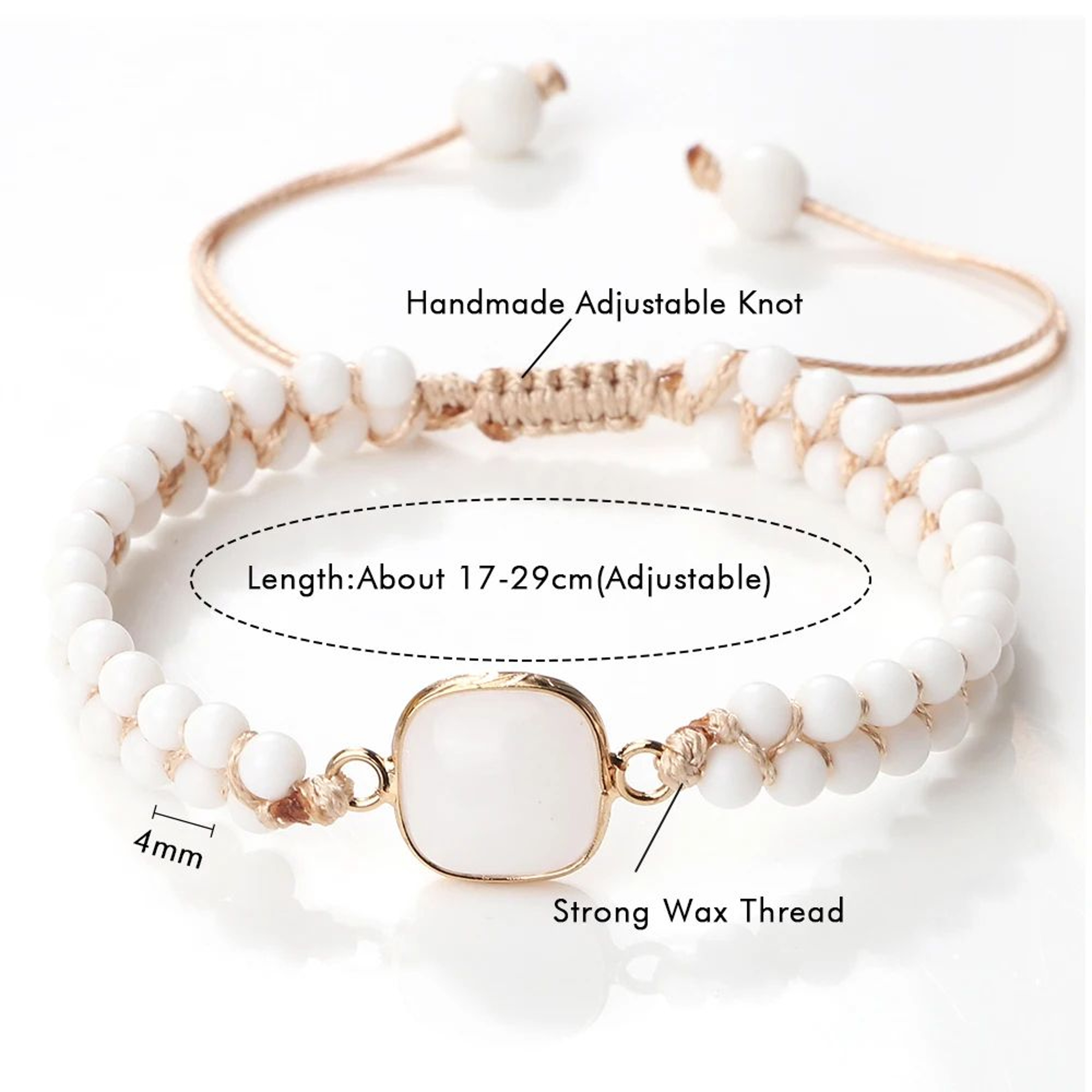 Vintage Howlite Bracelet for Women & Men – 4mm White Beaded Bracelet with Handmade Adjustable Braided Design – view 7