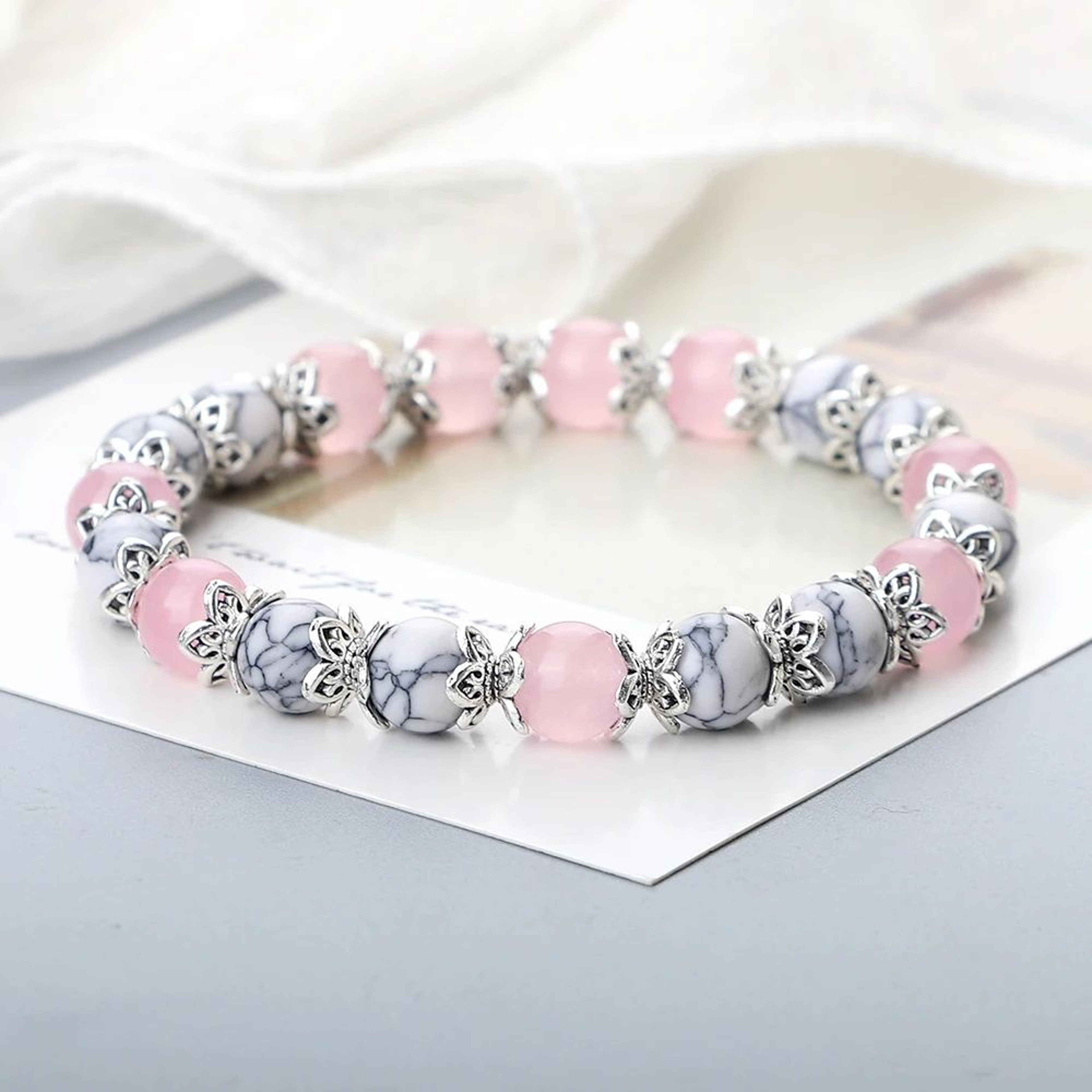 Harmony Balance Natural Stone Bracelet  Rose Quartz Onyx  Lava Bead Stretch Bracelet 1
