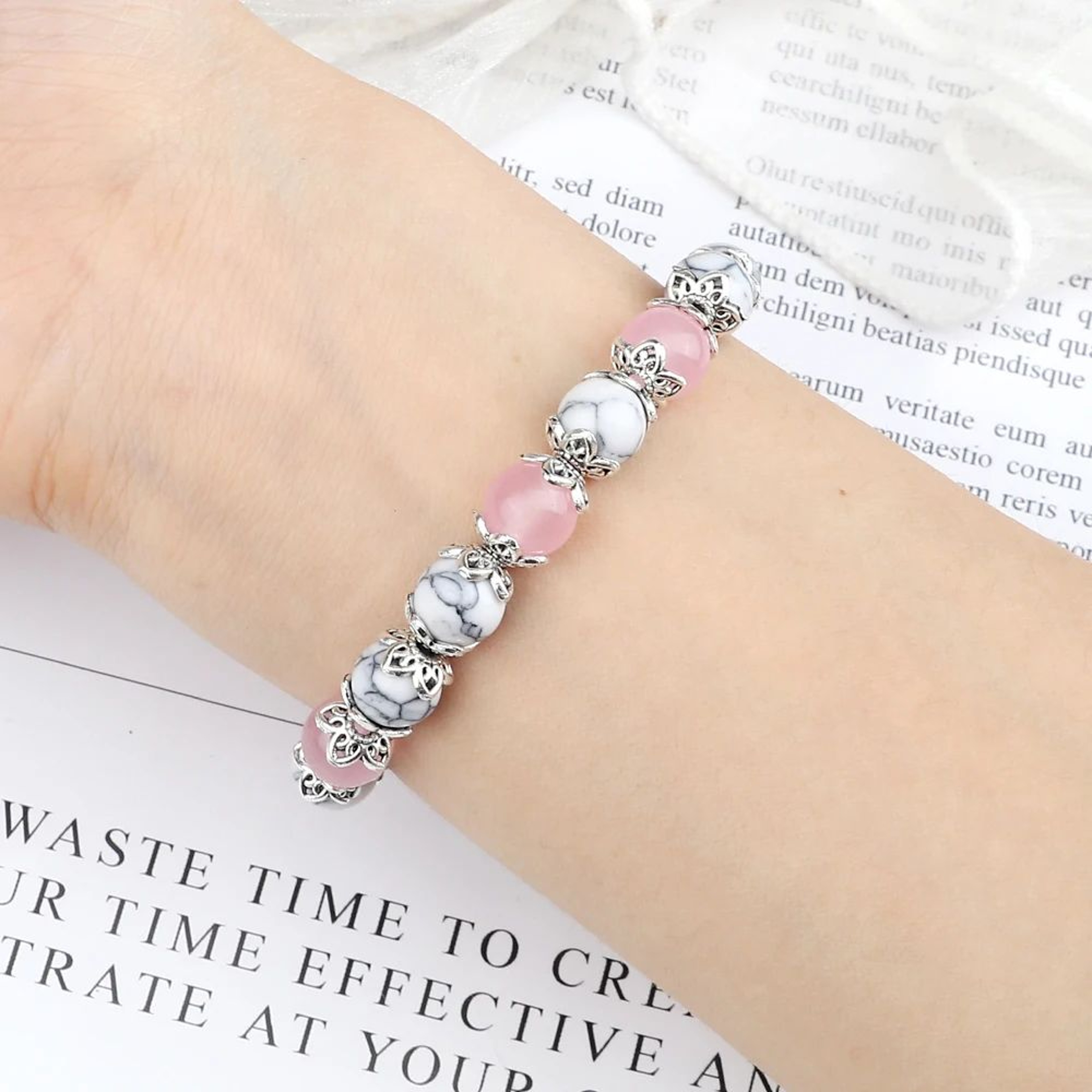 Harmony Balance Natural Stone Bracelet  Rose Quartz Onyx  Lava Bead Stretch Bracelet 2