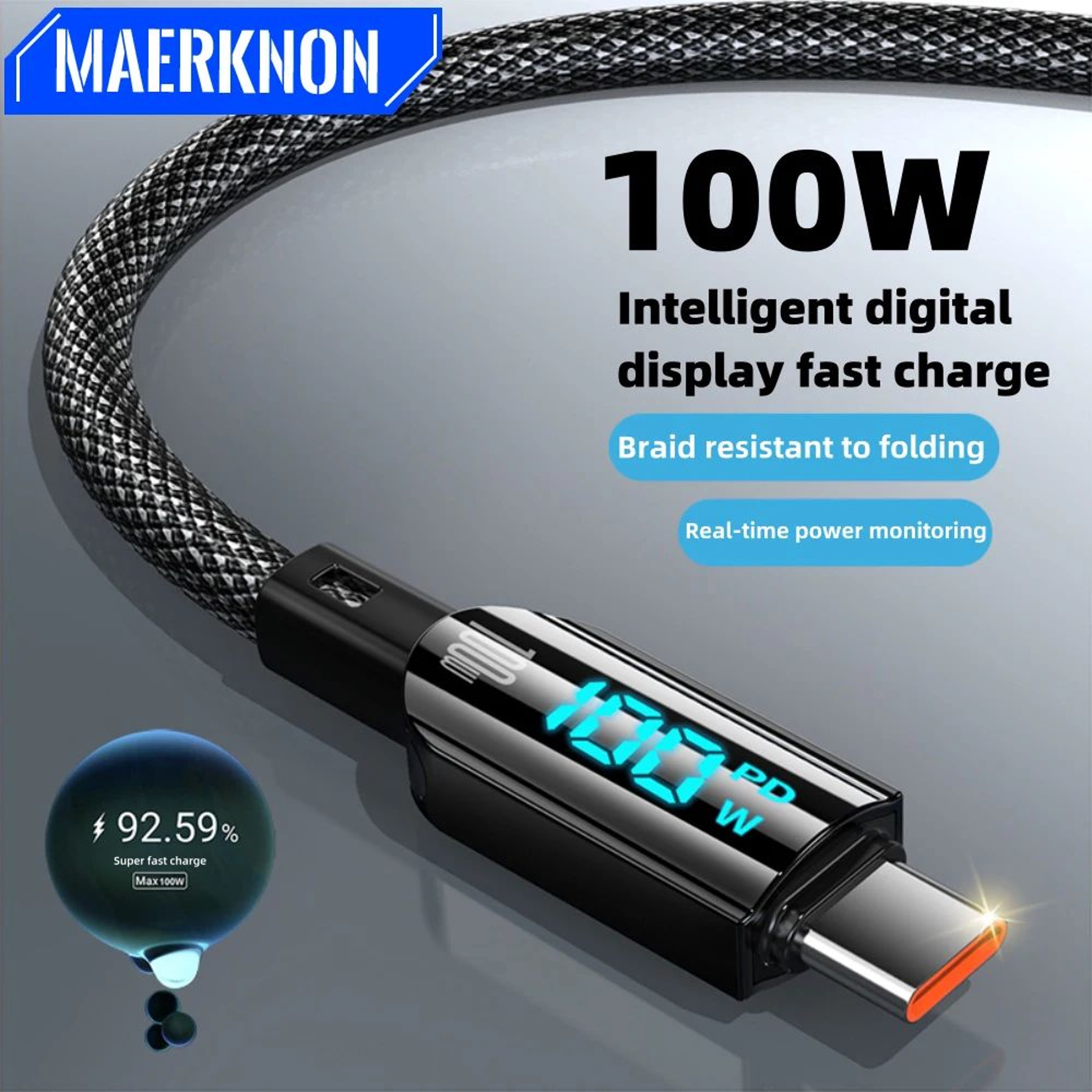 100W USBC Cable With Digital Display  PD Fast Charging USBC Cable For Phones  Laptops 0