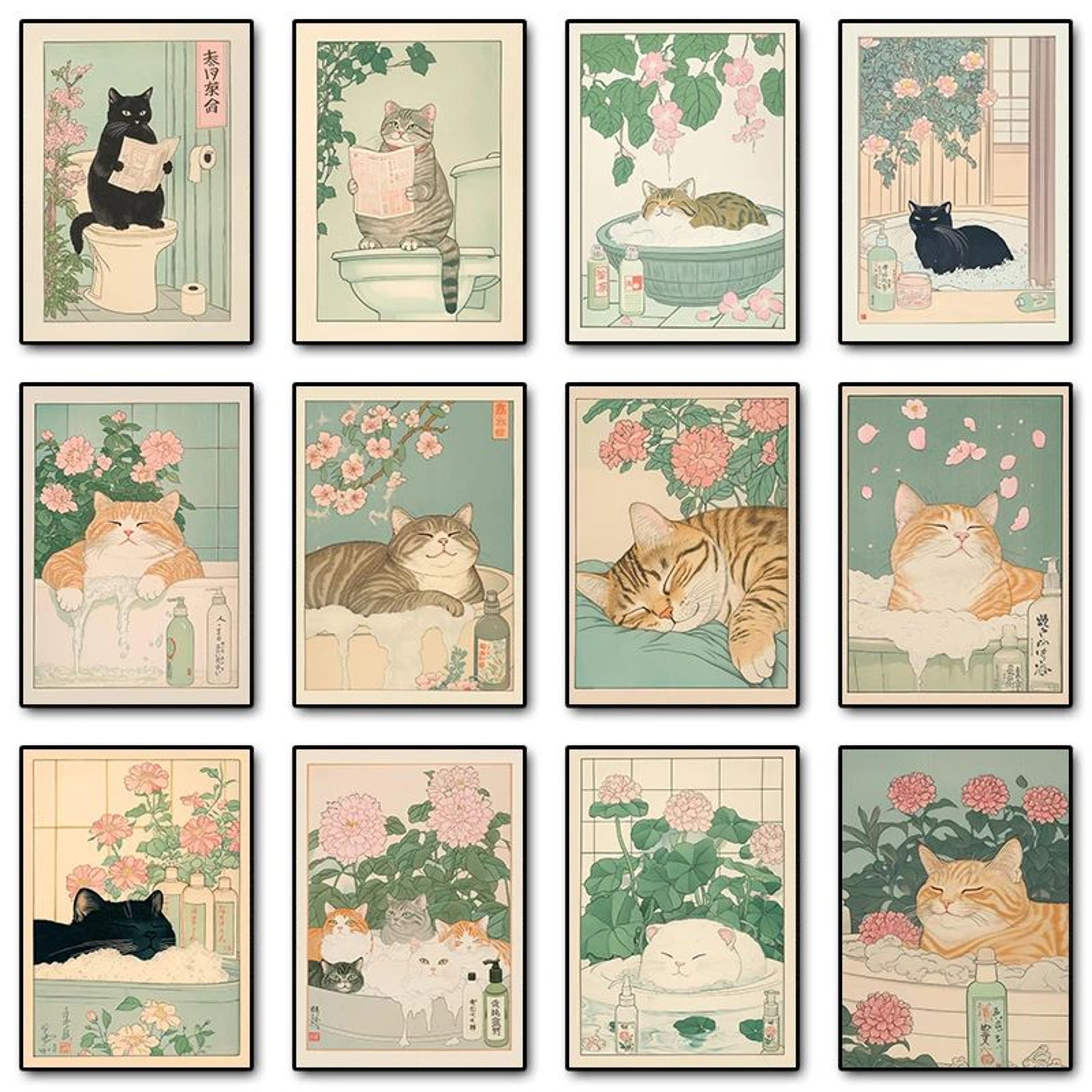 Japandi Cat Bath Canvas Print  Funny Cat Wall Art For Stylish Bathroom Wall Decor 2