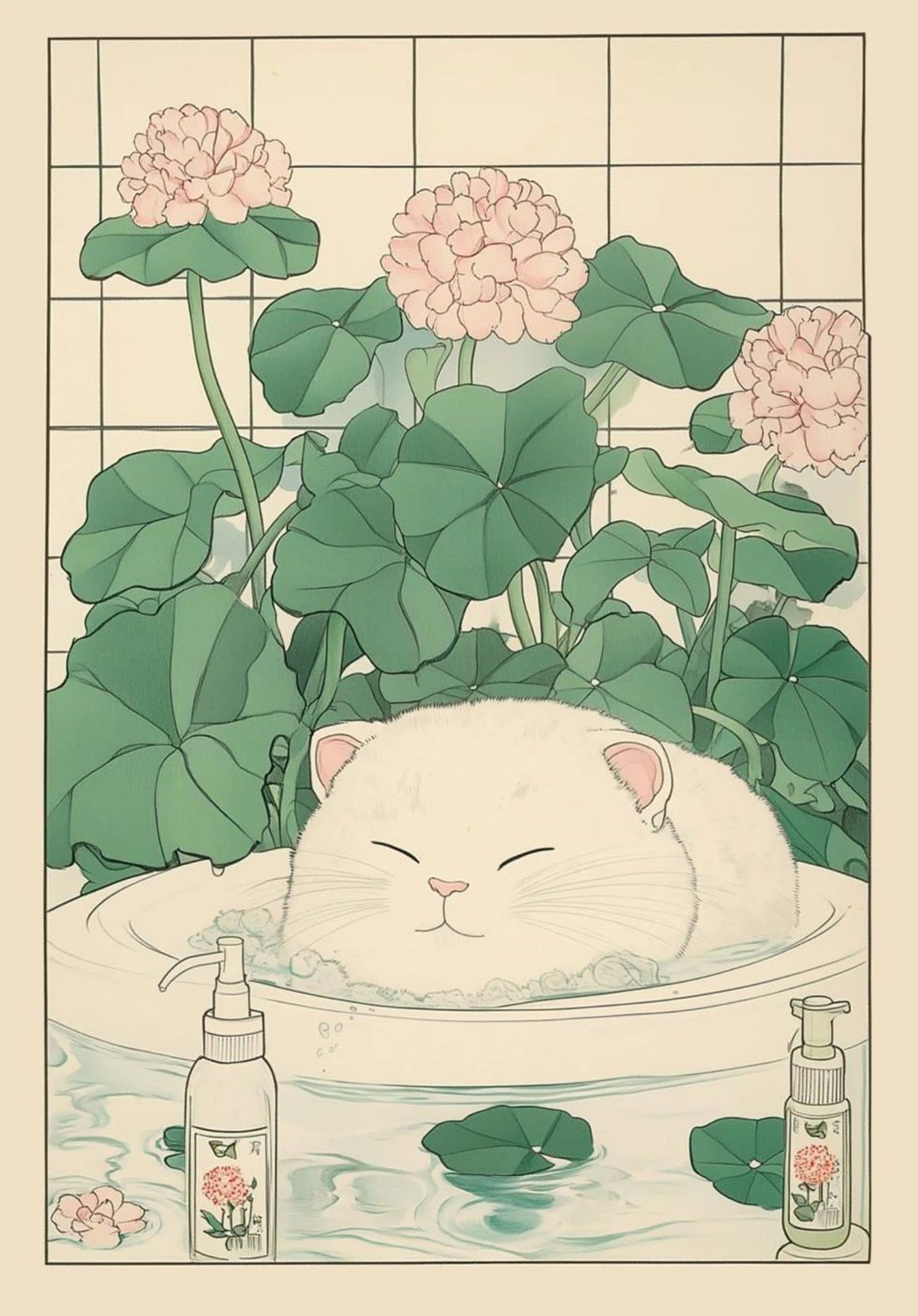 Japandi Cat Bath Canvas Print  Funny Cat Wall Art For Stylish Bathroom Wall Decor 10