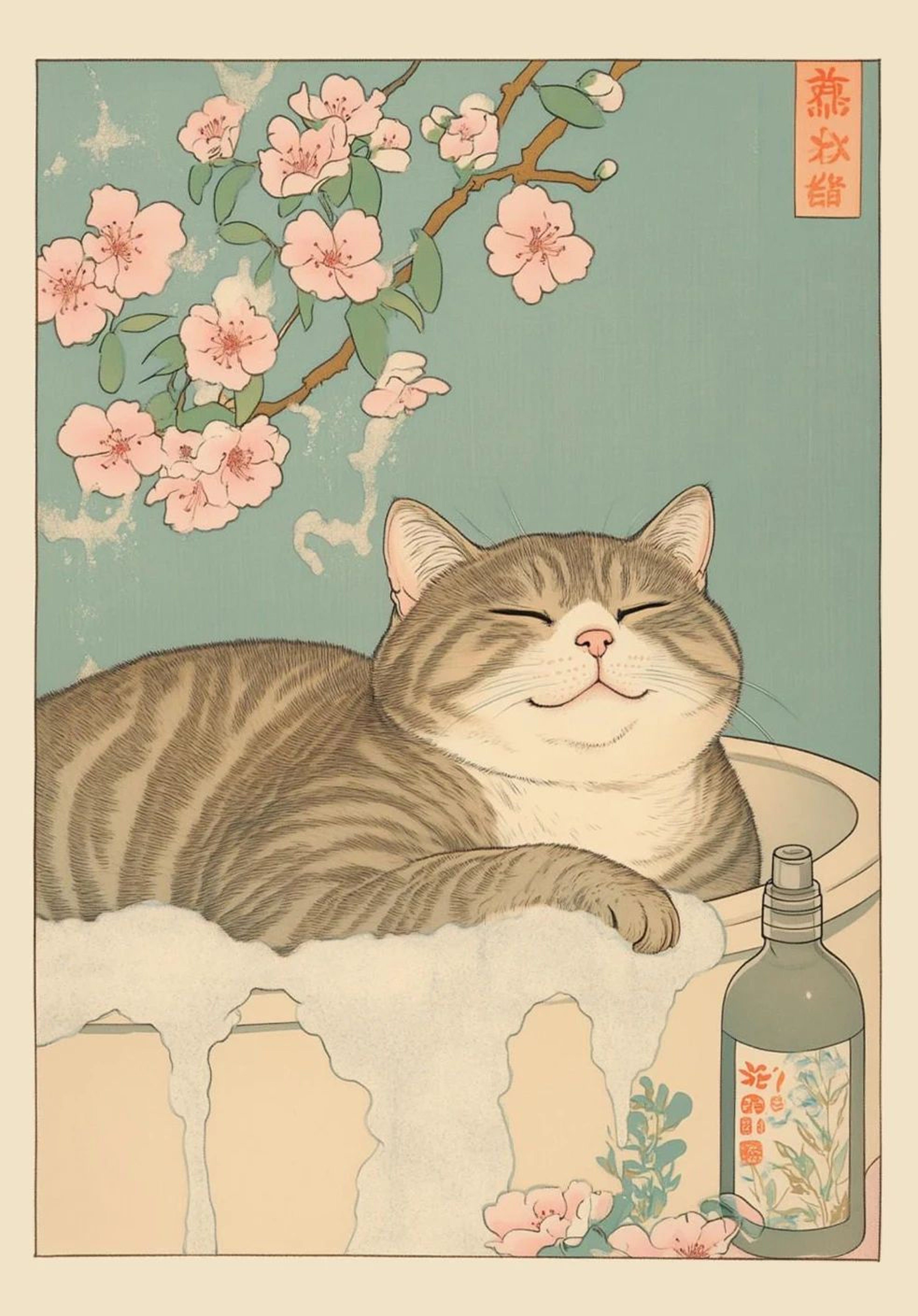 Japandi Cat Bath Canvas Print  Funny Cat Wall Art For Stylish Bathroom Wall Decor 13