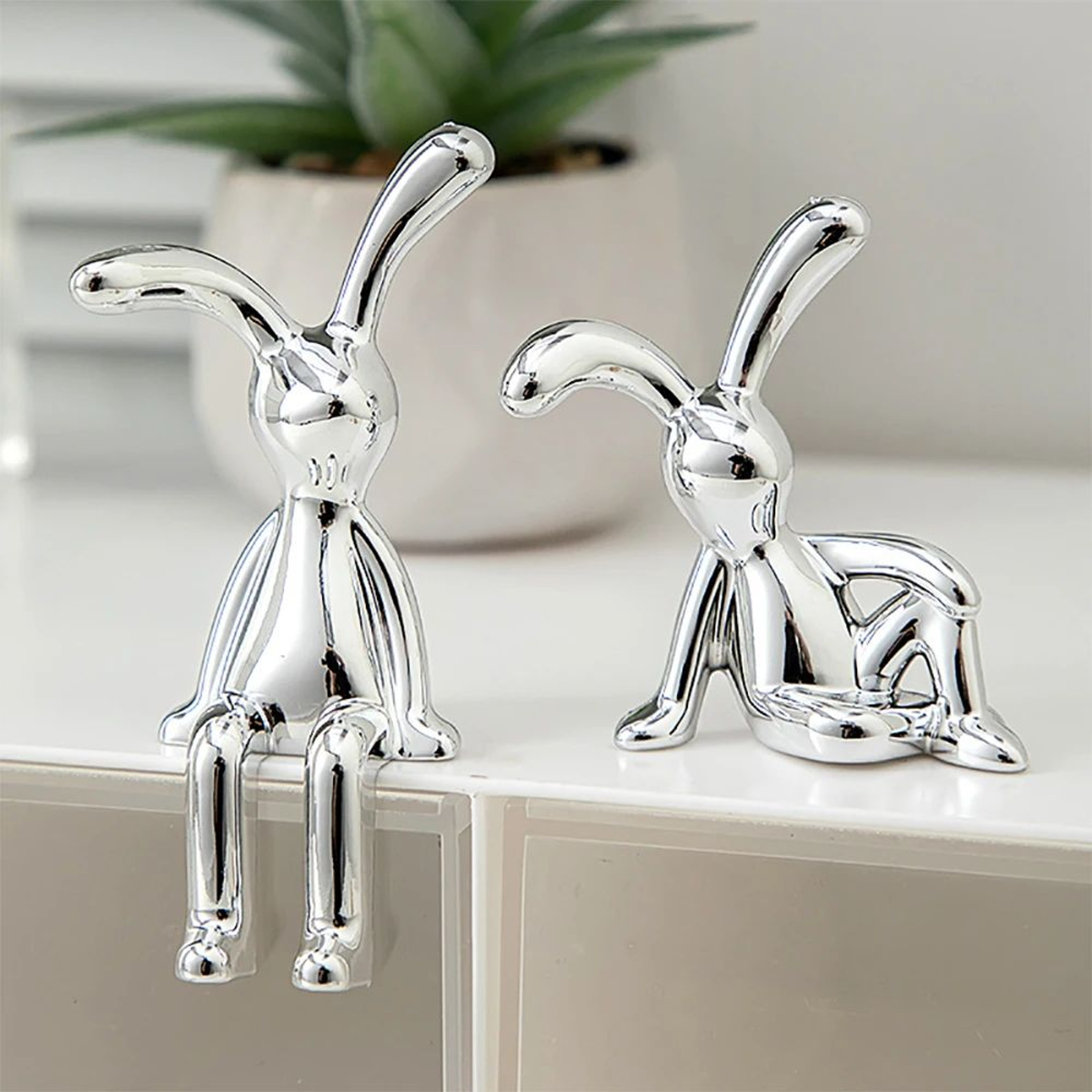 Silver LongEared Bunny Statue Set For Desk Shelf And Car Decor 0